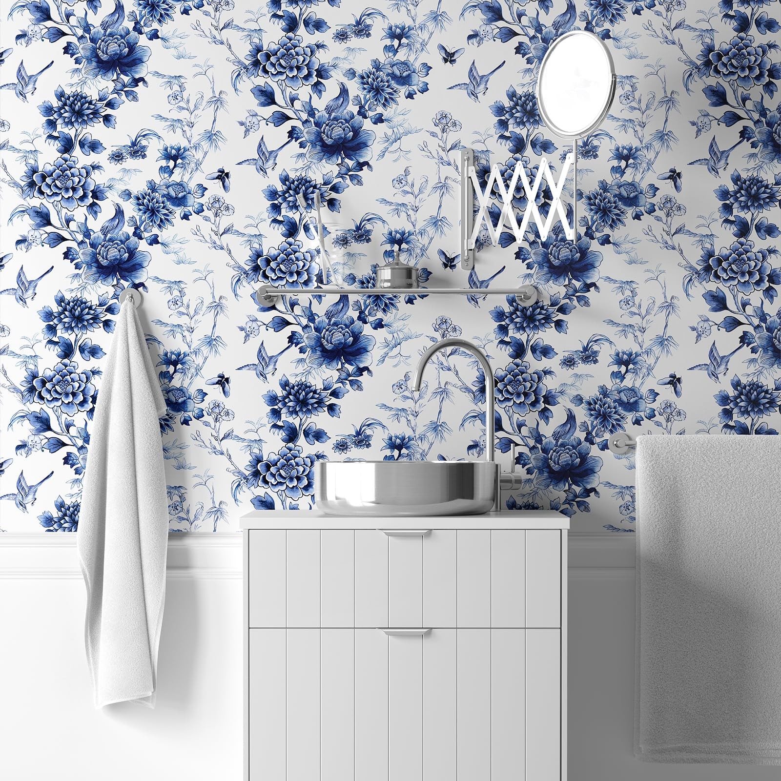 RUSPEPA Peel and Stick Wallpaper – Blue 17.3″ x 78.7″, Flower White