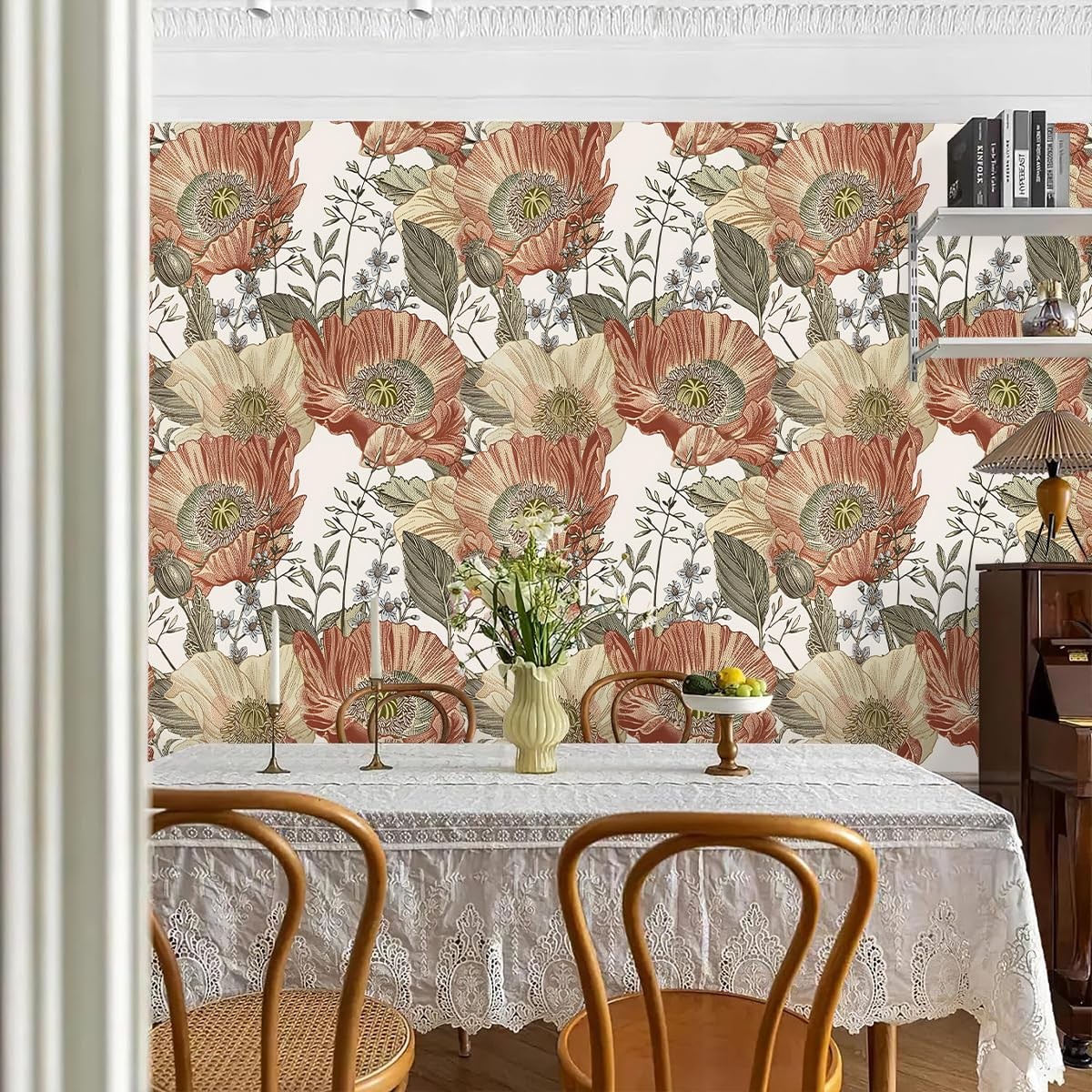 Livebor Floral Wallpaper Peel and Stick Boho 17.7″ x 118.1″, Beige/Crimson