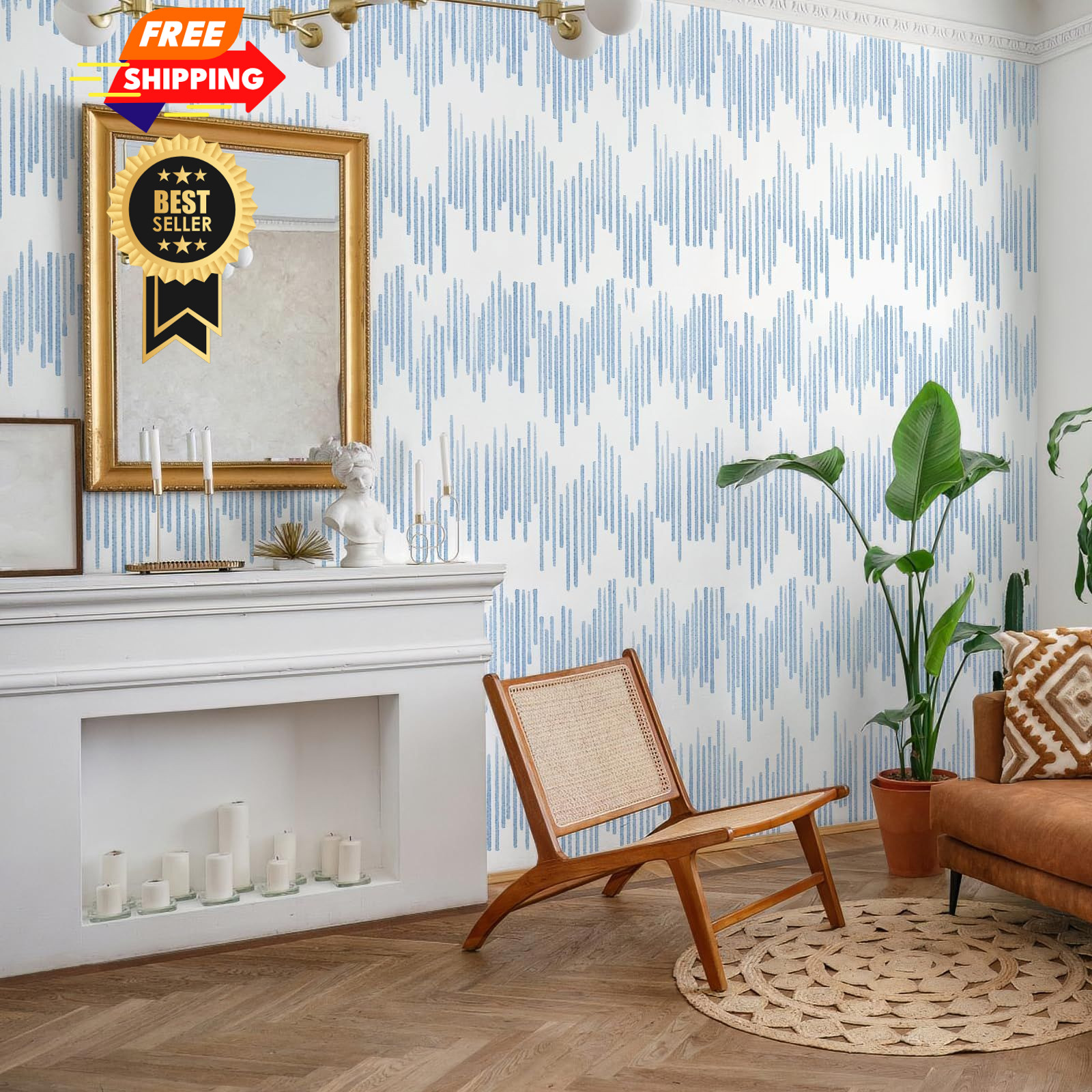 WENMER Blue Striped Wallpaper, Geometric Peel and Stick 17.7″ x 118″,