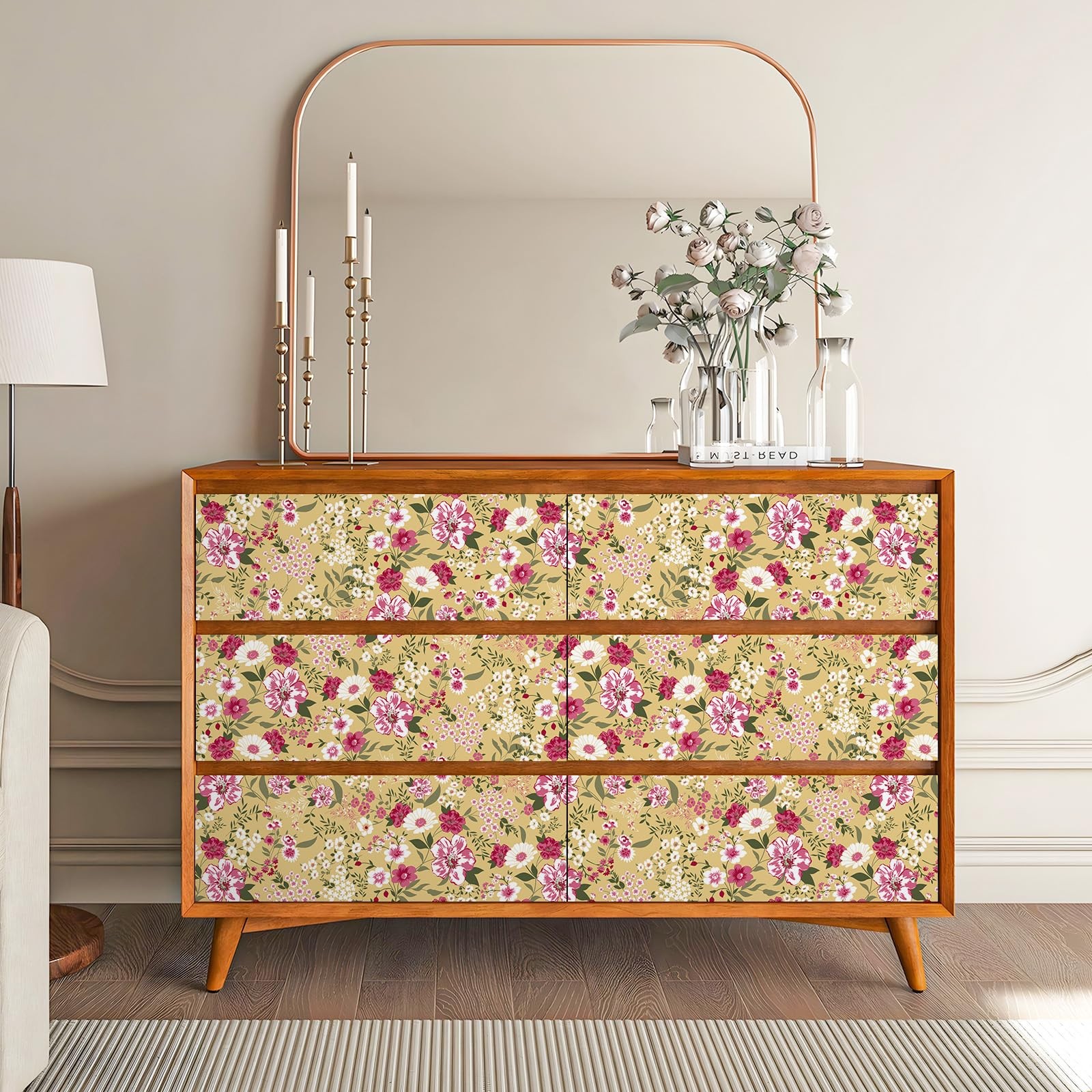 VEELIKE Yellow Floral Wallpaper Peel and Stick Vintage 17.7″ x 118″,