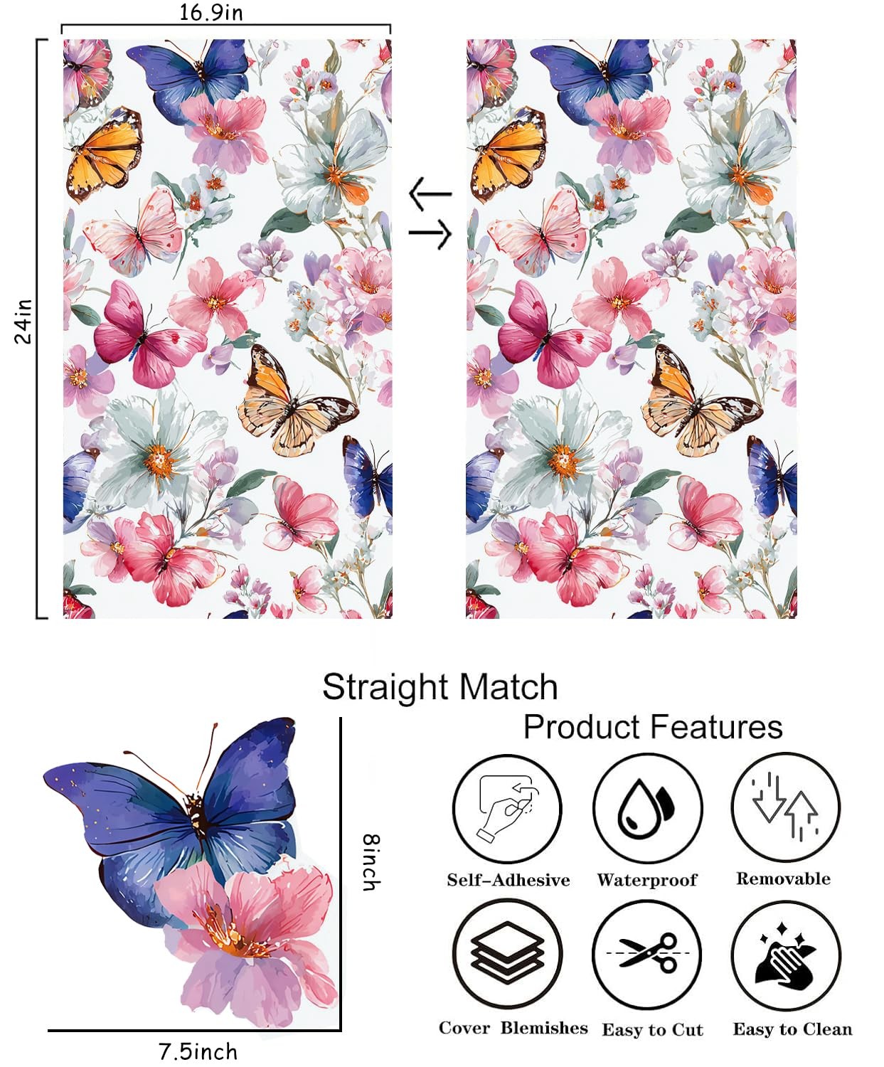 Willowix Floral Peel and Stick Wallpaper Butterfly 17″ x 118″, Colourful