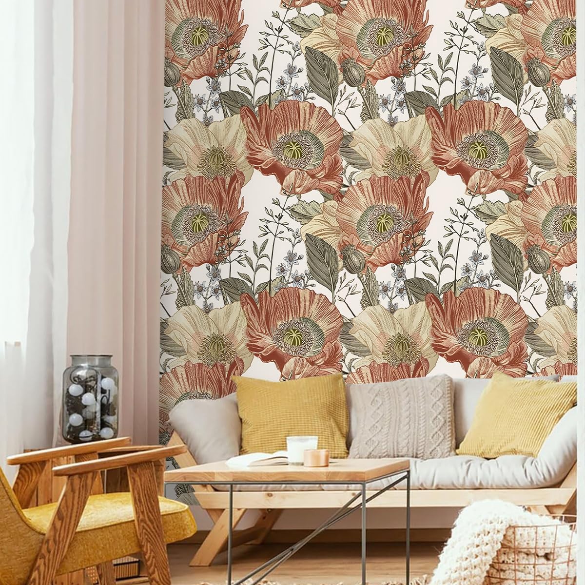 Livebor Floral Wallpaper Peel and Stick Boho 17.7″ x 118.1″, Beige/Crimson