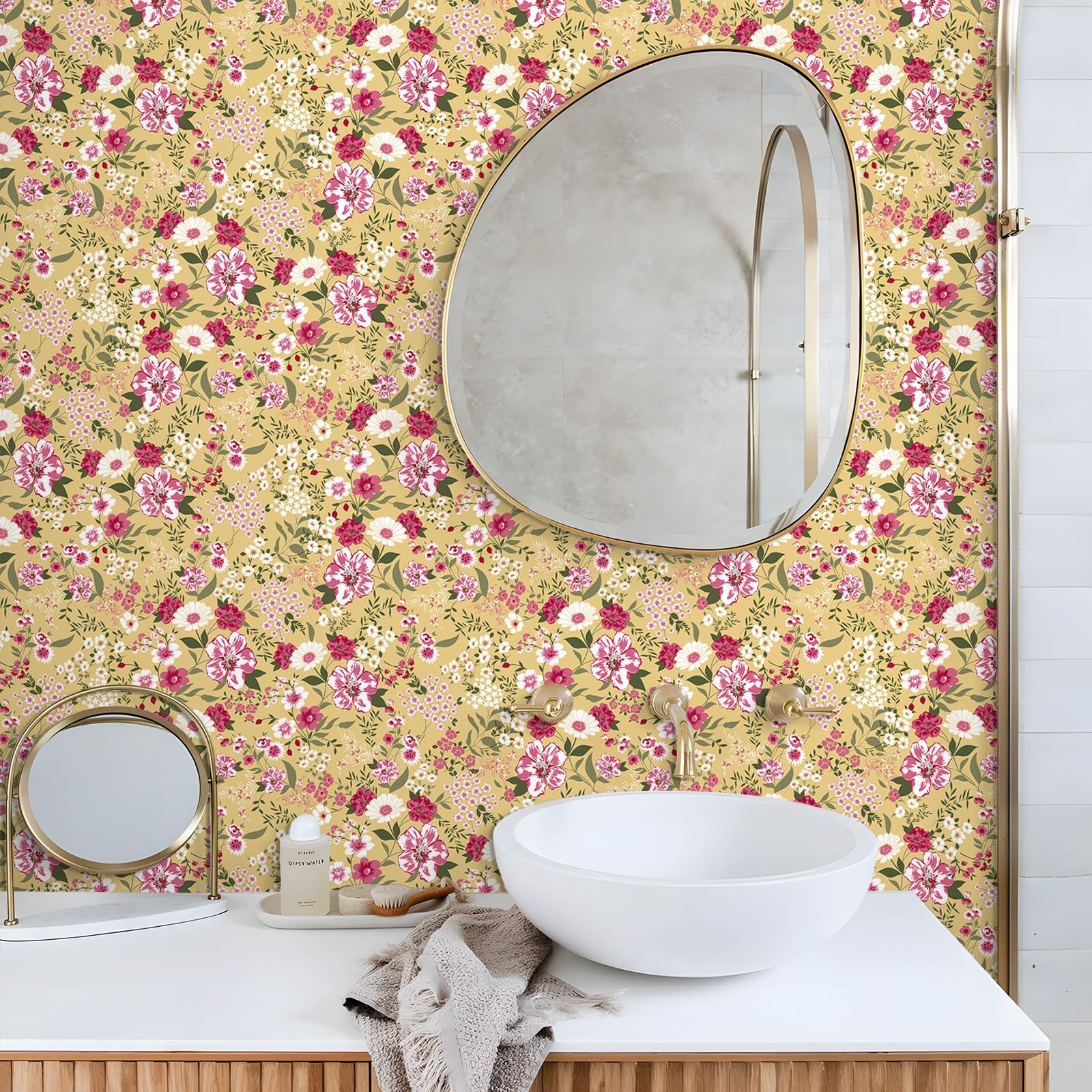 VEELIKE Yellow Floral Wallpaper Peel and Stick Vintage 17.7″ x 118″,