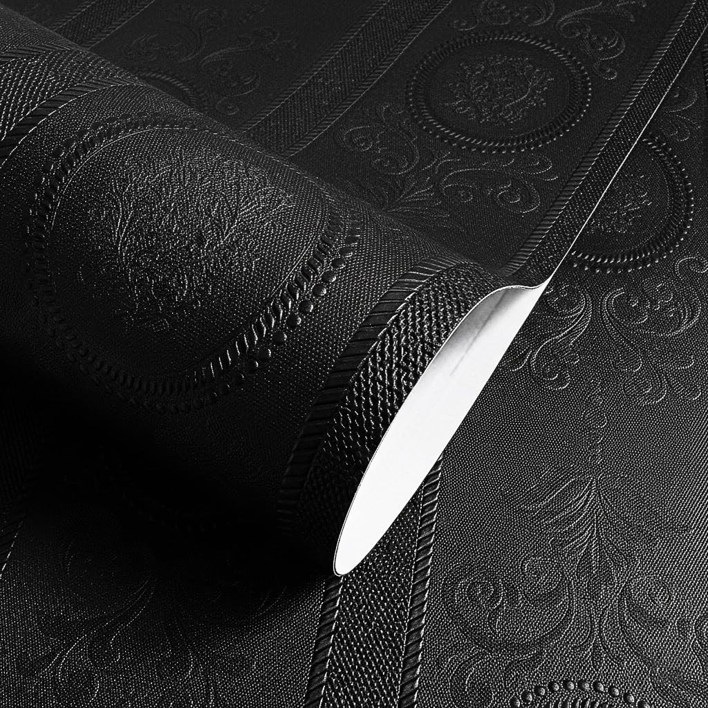 JiffDiff Wallpaper Peel and Stick Textured, 3D Black 17.3″ x 120″,