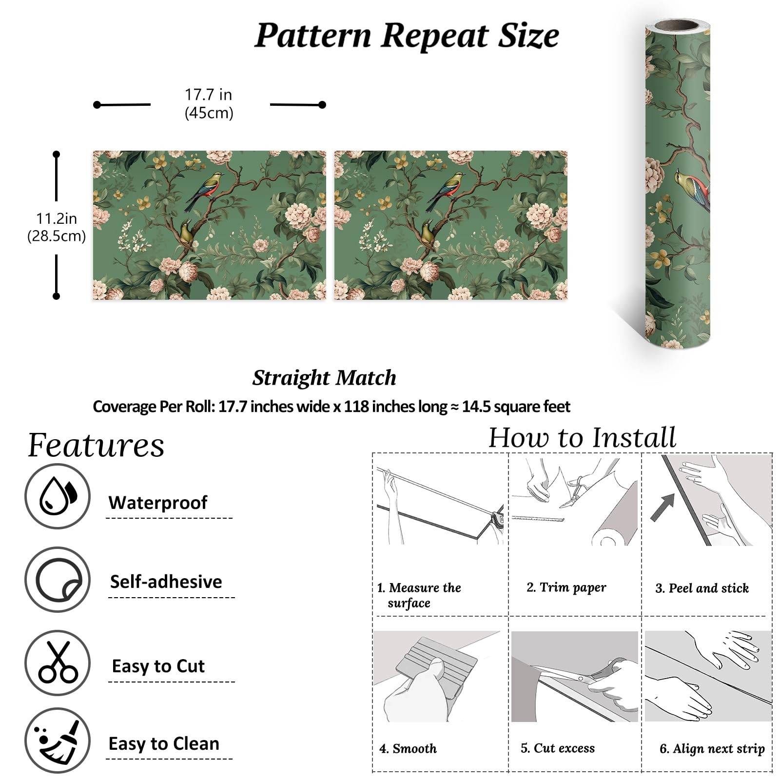 VEELIKE Vintage Green Bird Wallpaper Peel and Stick 17.7″ x 118″,