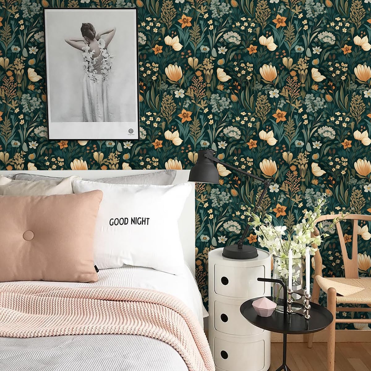 Orainege Vintage Floral Peel and Stick Wallpaper 17.3″ x 118.1″, Dark Green