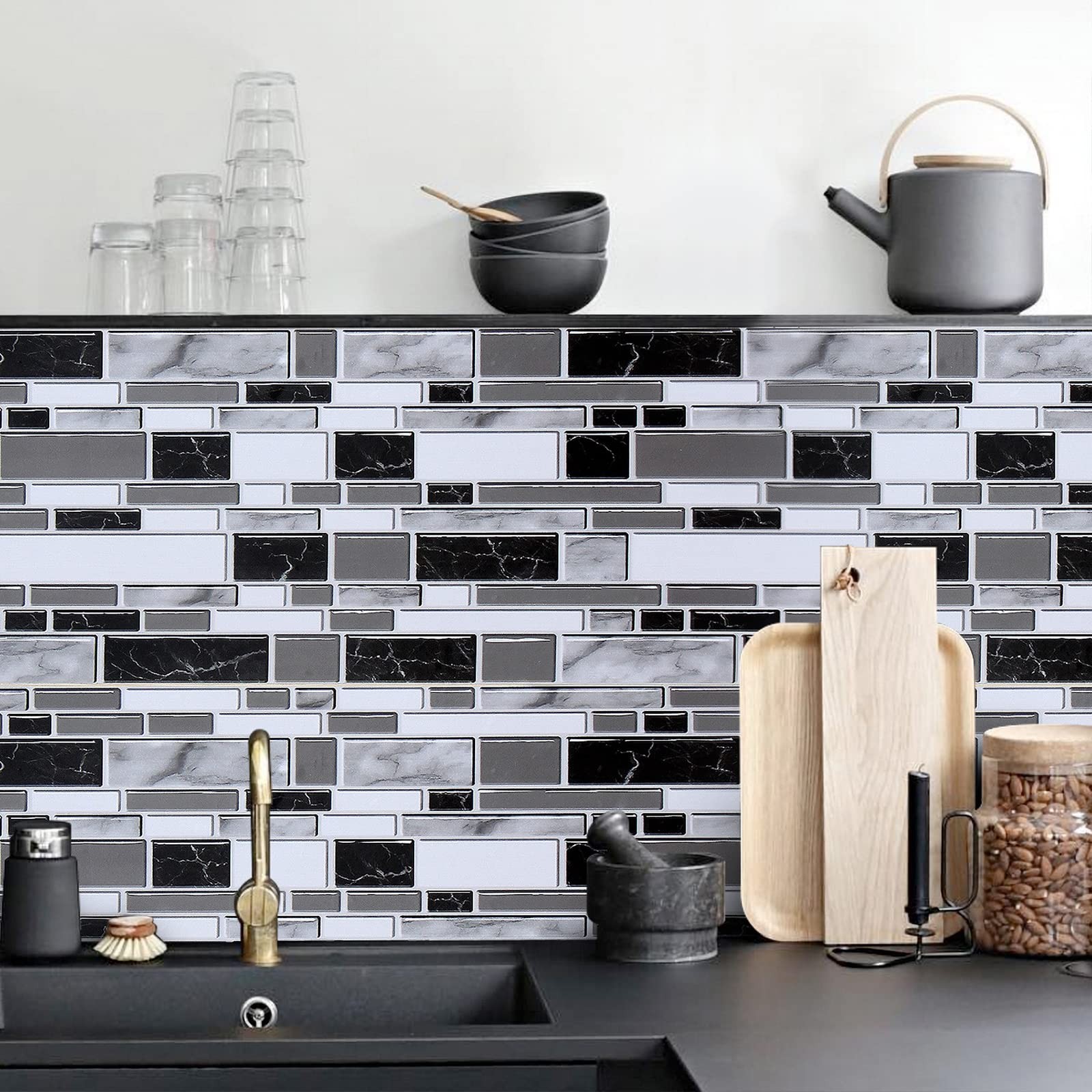 Livebor Kitchen Wallpaper Peel and Stick for 11.8″ x 78.7″, Black/White