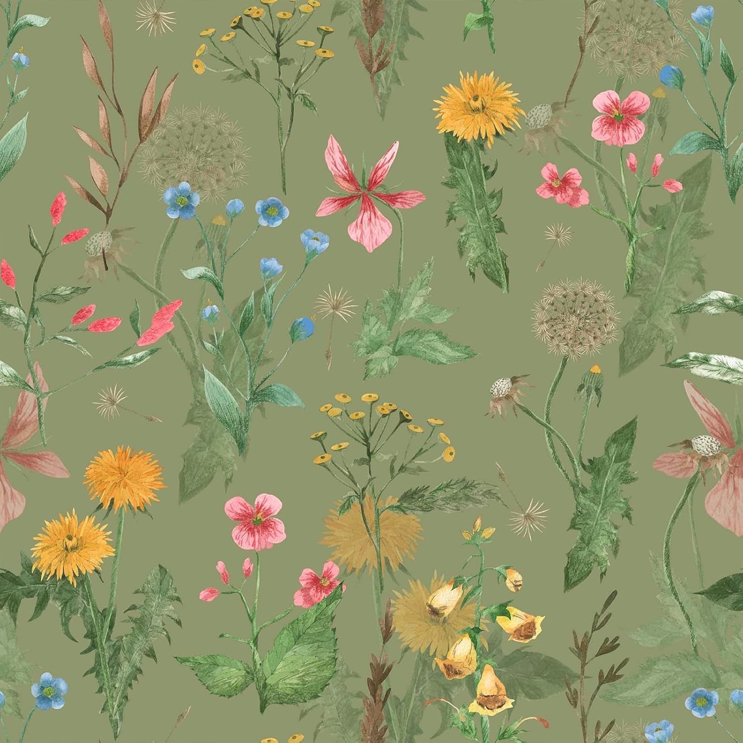 VEELIKE Wild Flower Wallpaper Peel and Stick Vintage 17.7″ x 118″, Green