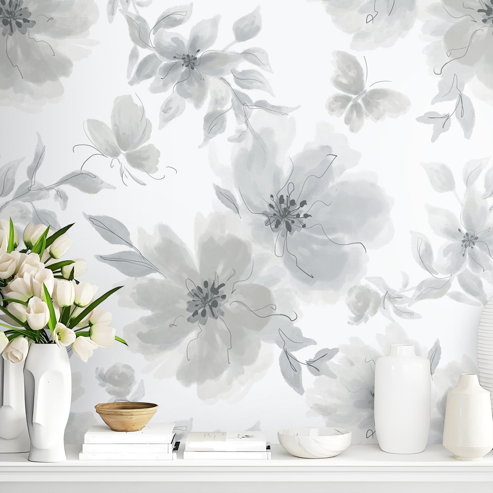 Guvana Floral Peel and Stick Wallpaper Grey 17.3″ x 78.7″, Gray