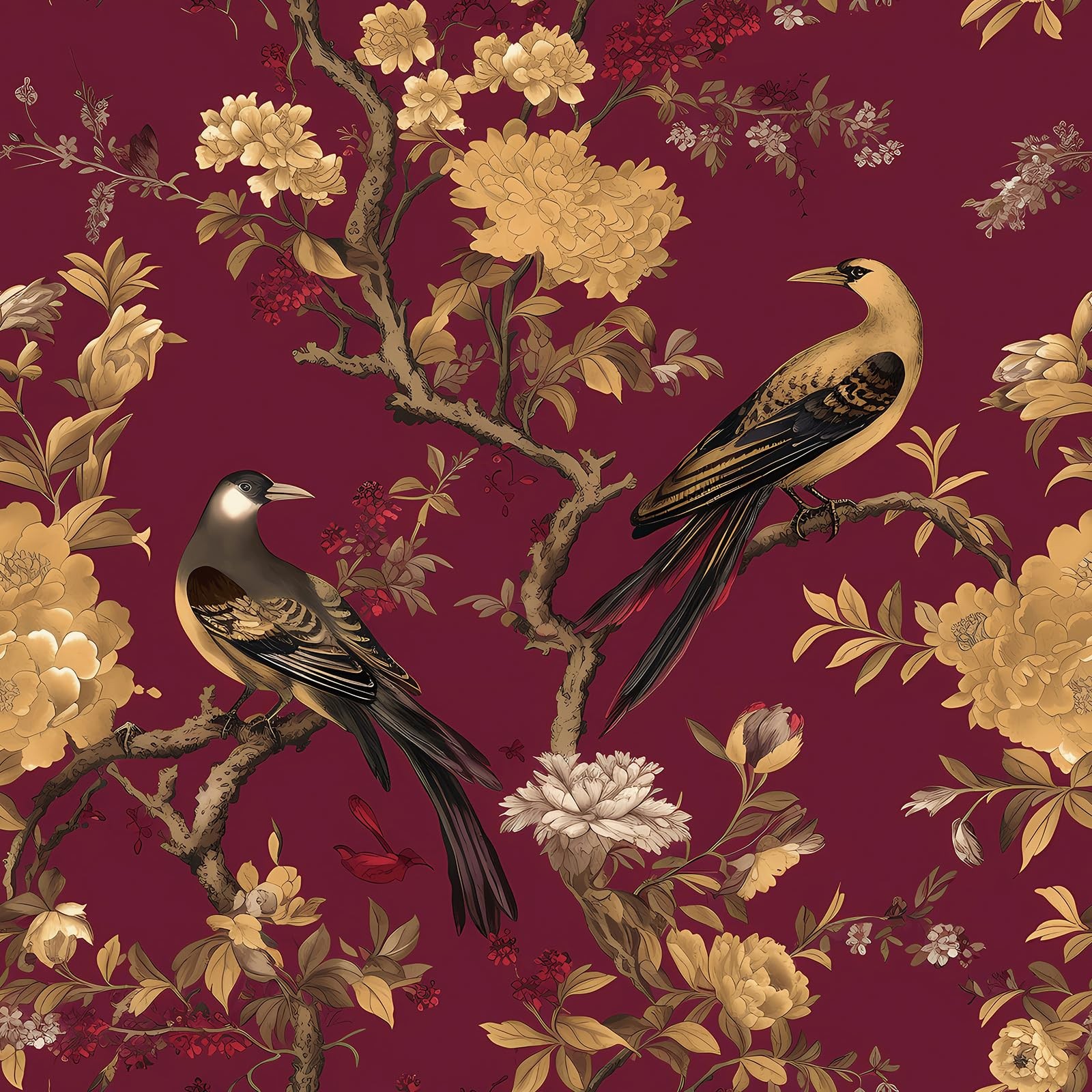 ReWallpaper Burgundy Chinoiserie Wallpaper 17.5in x 10ft, Floral