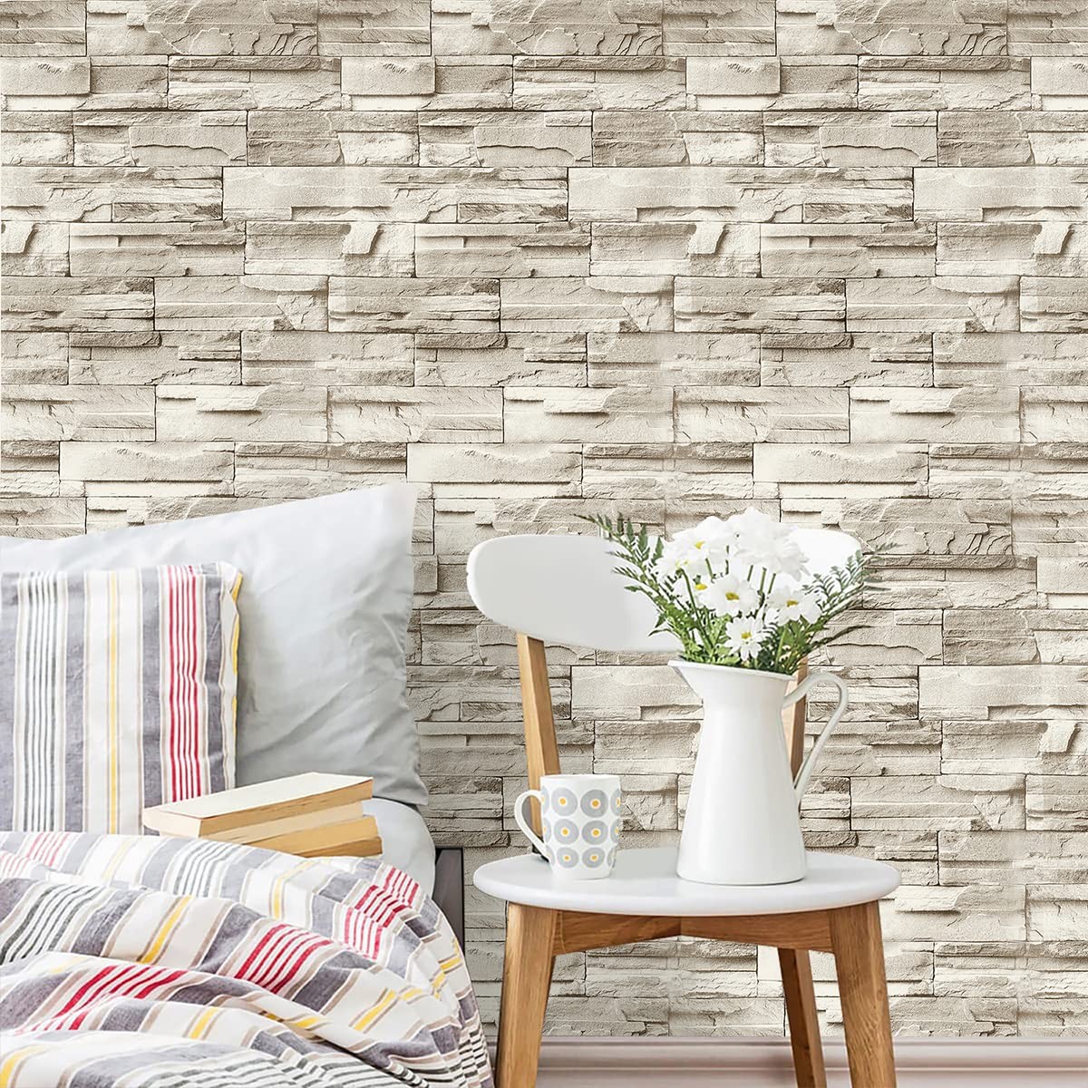 Jeweluck Stone Wallpaper Peel and Stick Brick 17.7″ x 118.1″, A Beige