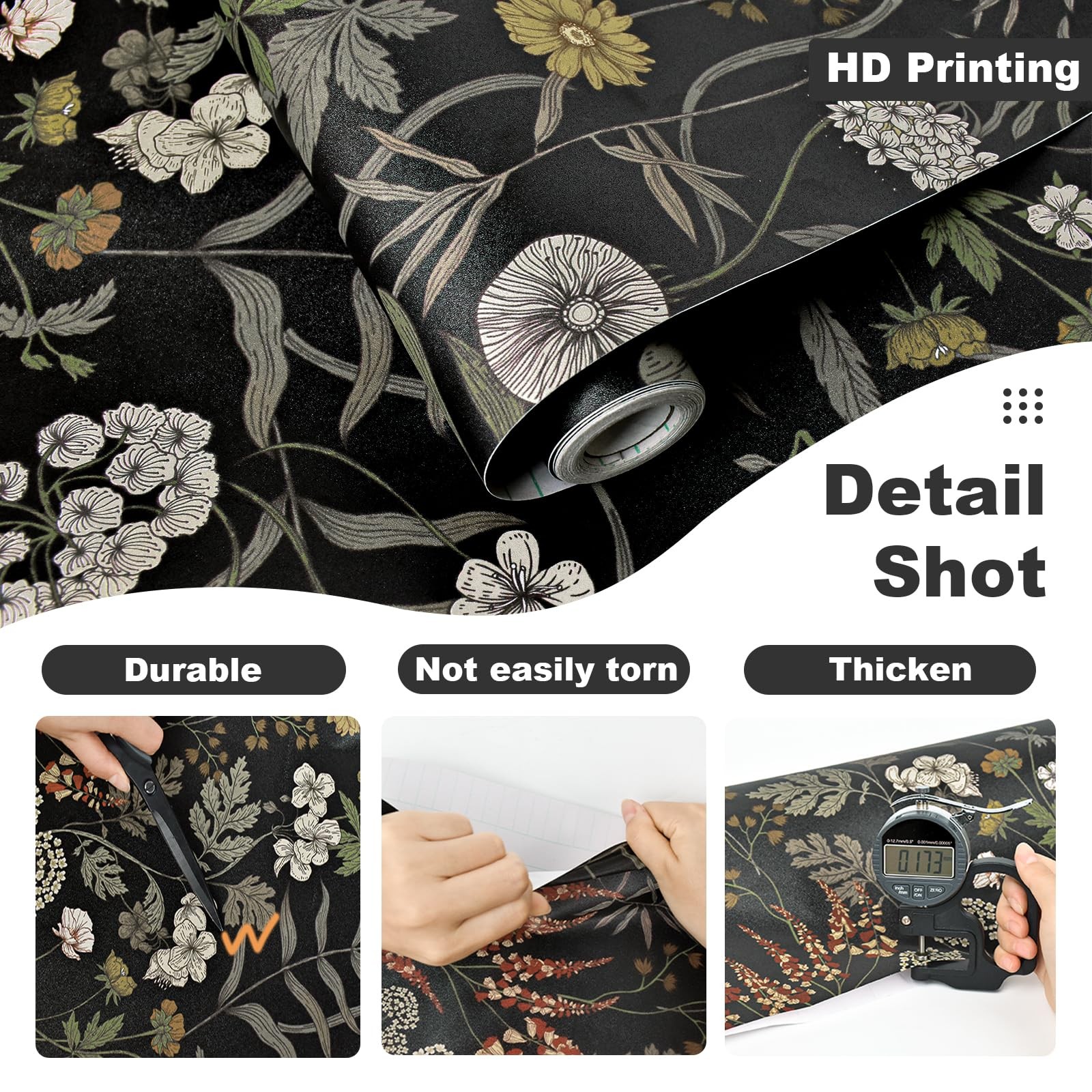 Aniboo Dark Floral Peel and Stick Wallpaper Botanical Leaf 78.7″×17.3″, Black