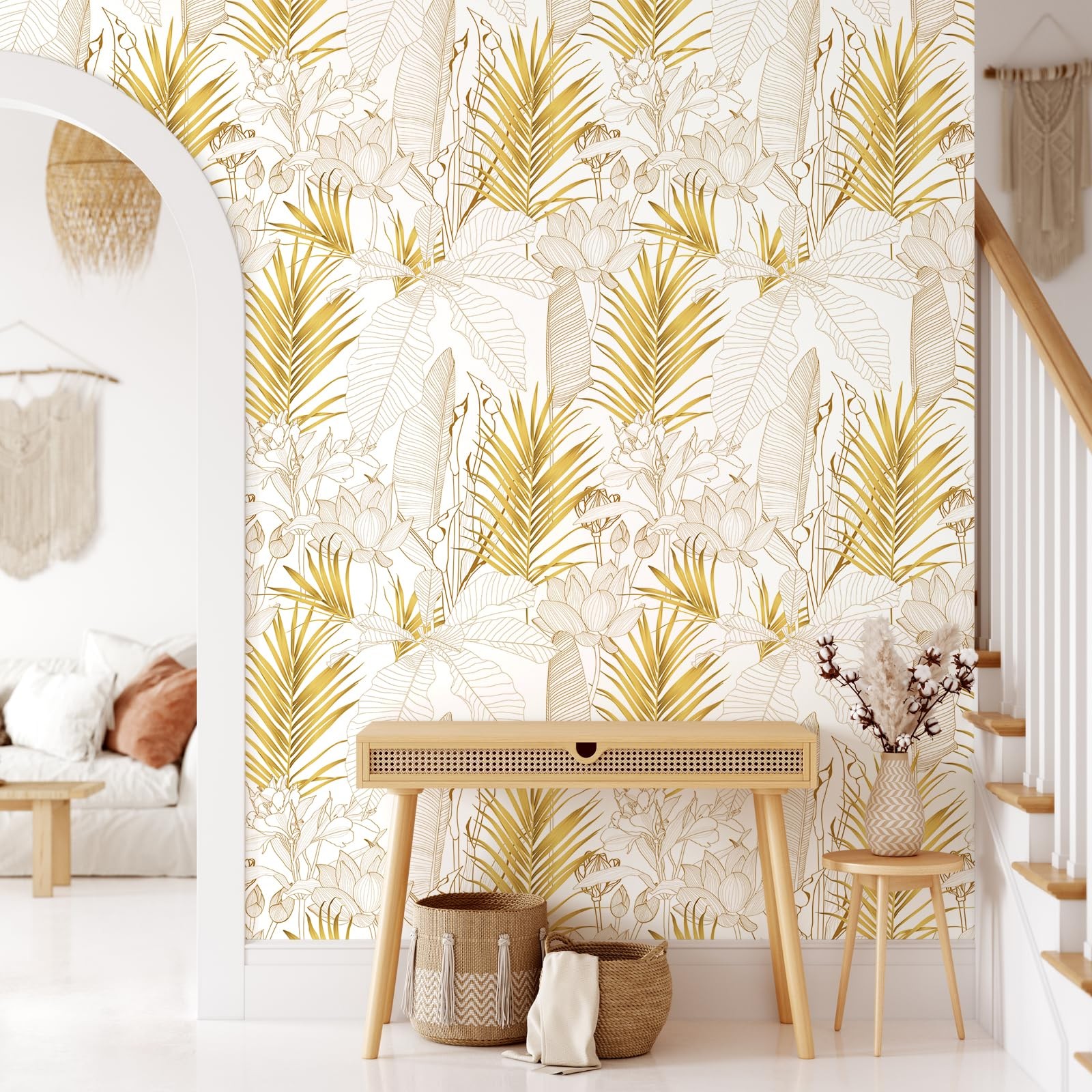 VEELIKE Boho Gold Tropical Peel and Stick Exotic Palm 17.7″ x 118″,