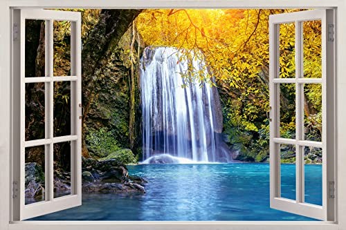 Forest Waterfall Fake Window Wall Stickers, 3D Faux Window Mural, Suitable for
