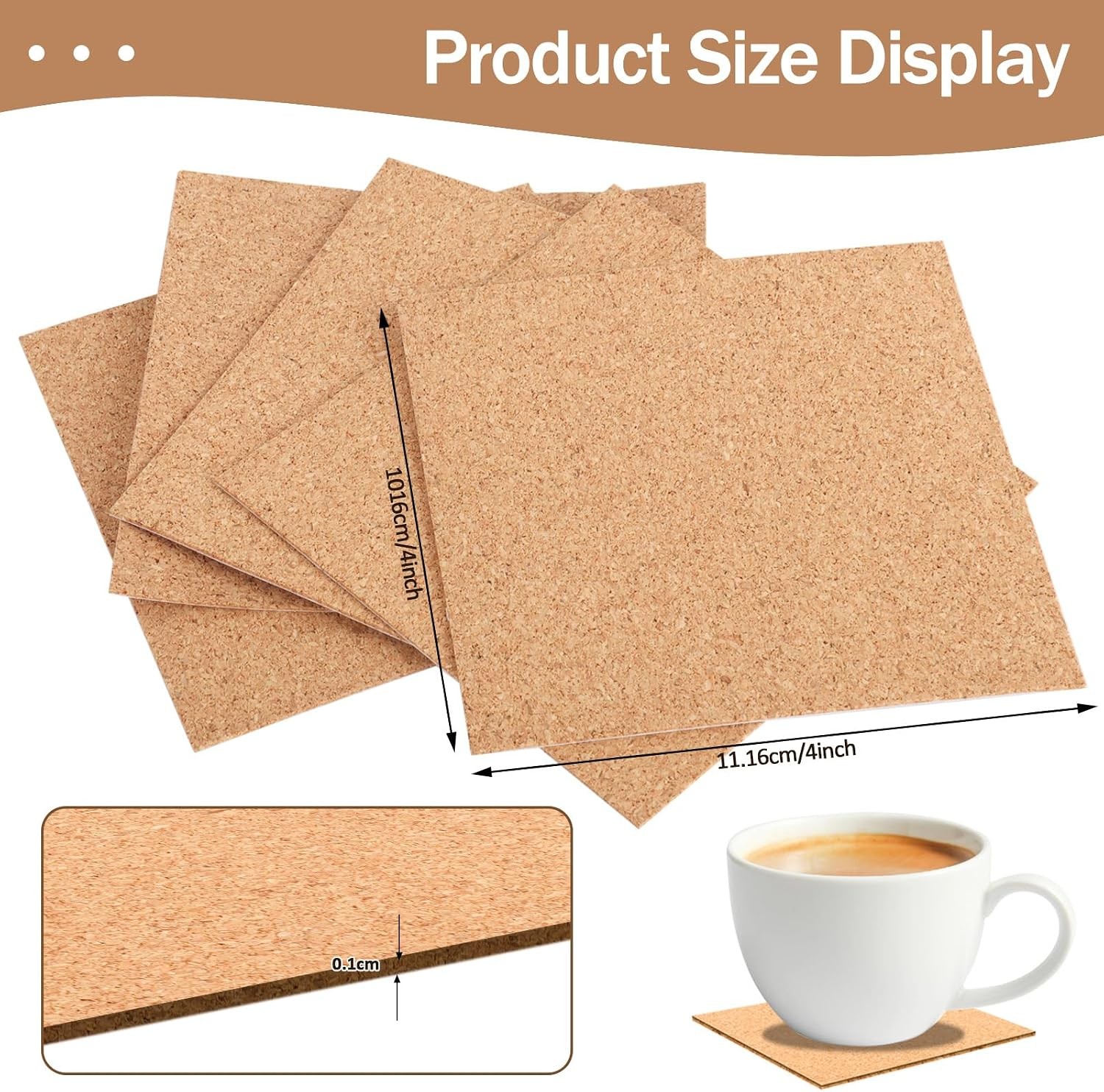 100 PCS Self-Adhesive Cork Sheets 4 x 4 Inch Squares Cork Coasters Square Corks