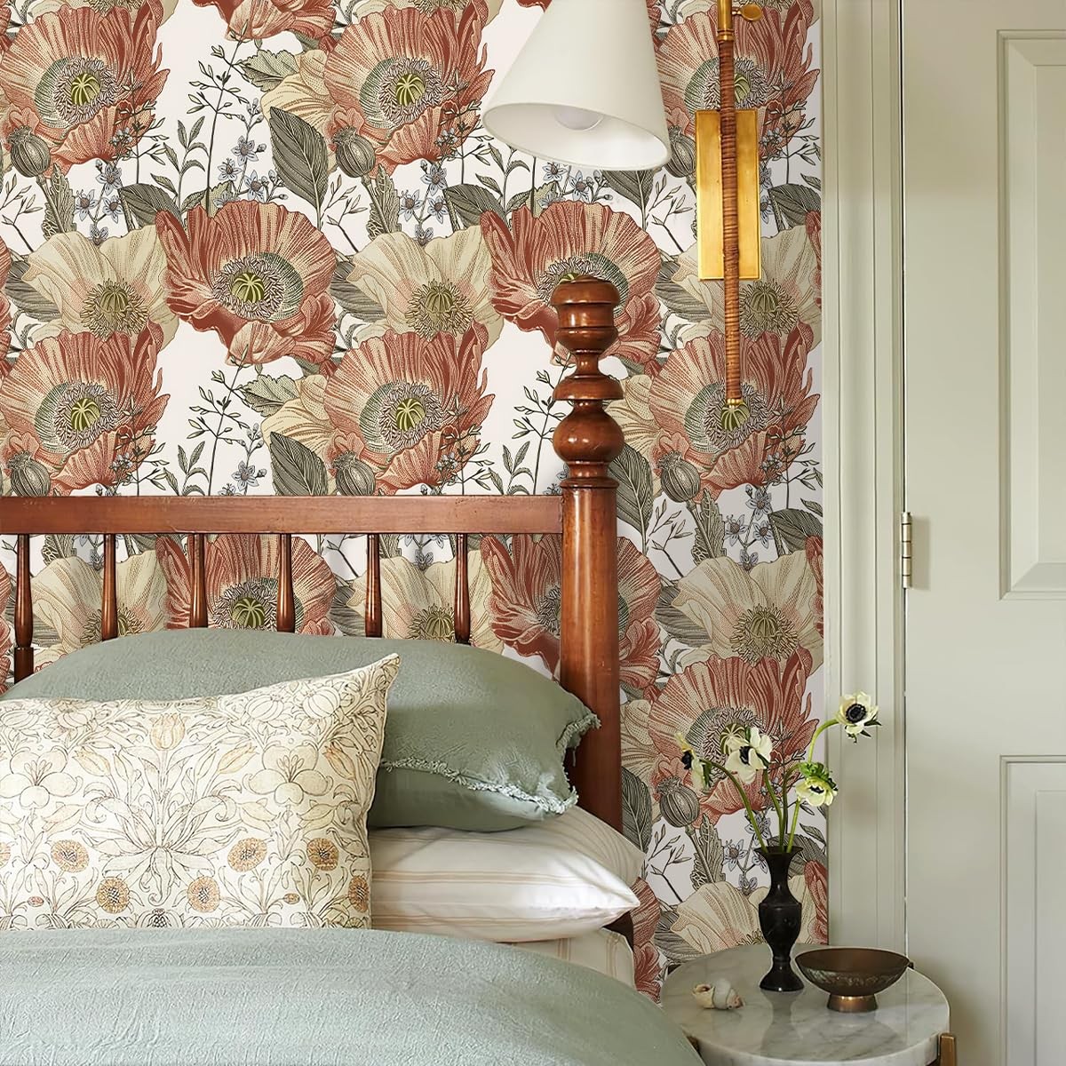 Livebor Floral Wallpaper Peel and Stick Boho 17.7″ x 118.1″, Beige/Crimson