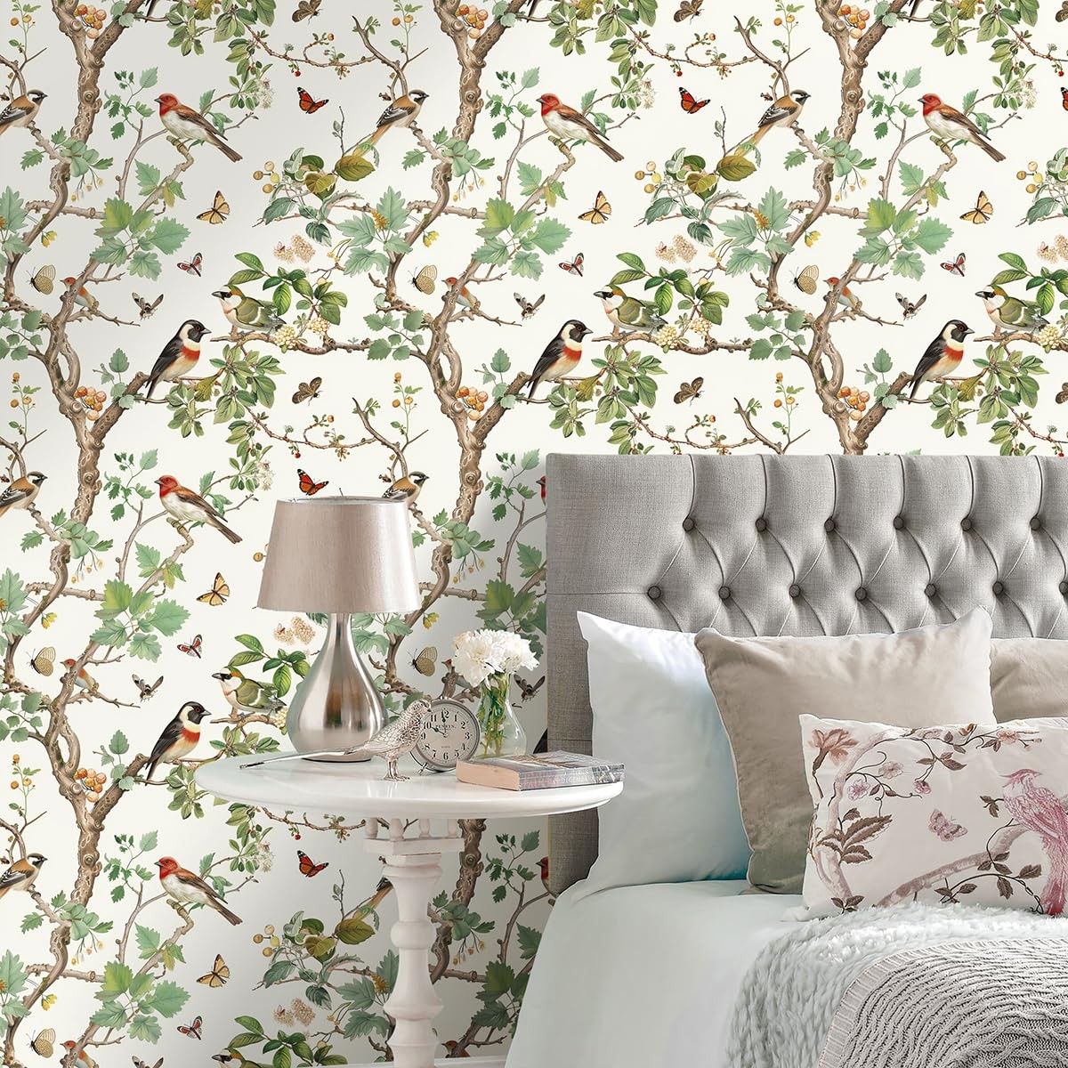 Nukofal Vintage Bird Peel and Stick Wallpaper Floral 16.9″ x 118.1″, Beige