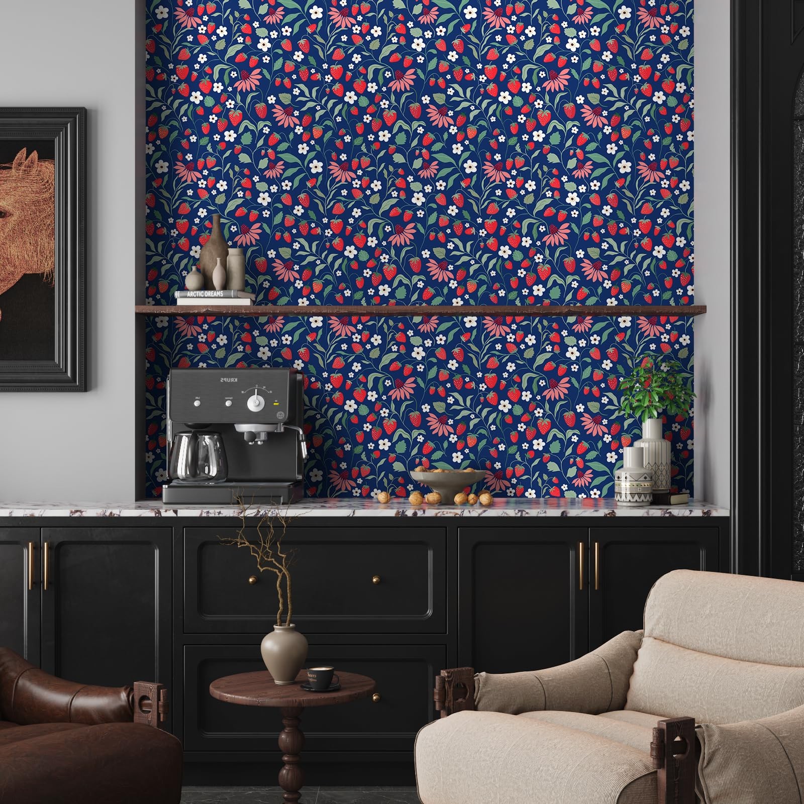VaryStyle Strawberry Floral Wallpaper 17.7″ x 118″, Navy