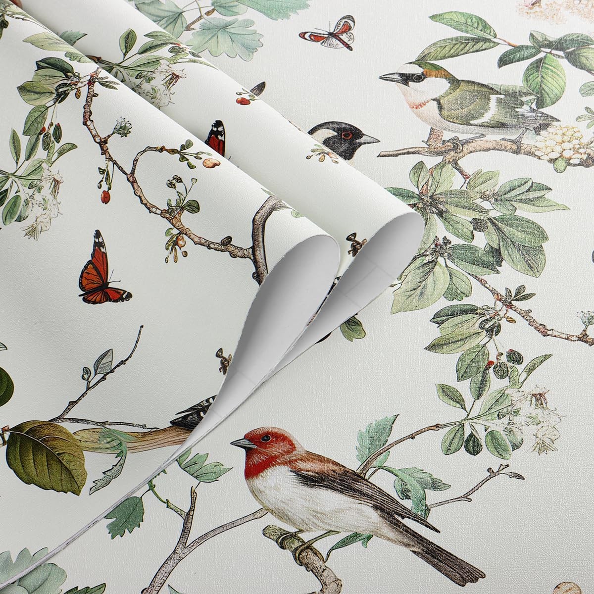 Nukofal Vintage Bird Peel and Stick Wallpaper Floral 16.9″ x 118.1″, Beige