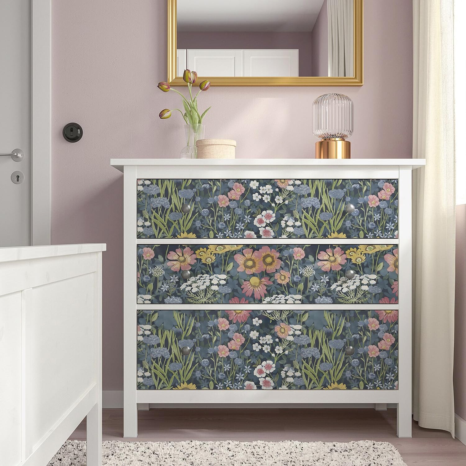 Orainege Vintage Floral Wallpaper Peel 17.7″ x 196.8″, Blue/Pink/Yellow/White