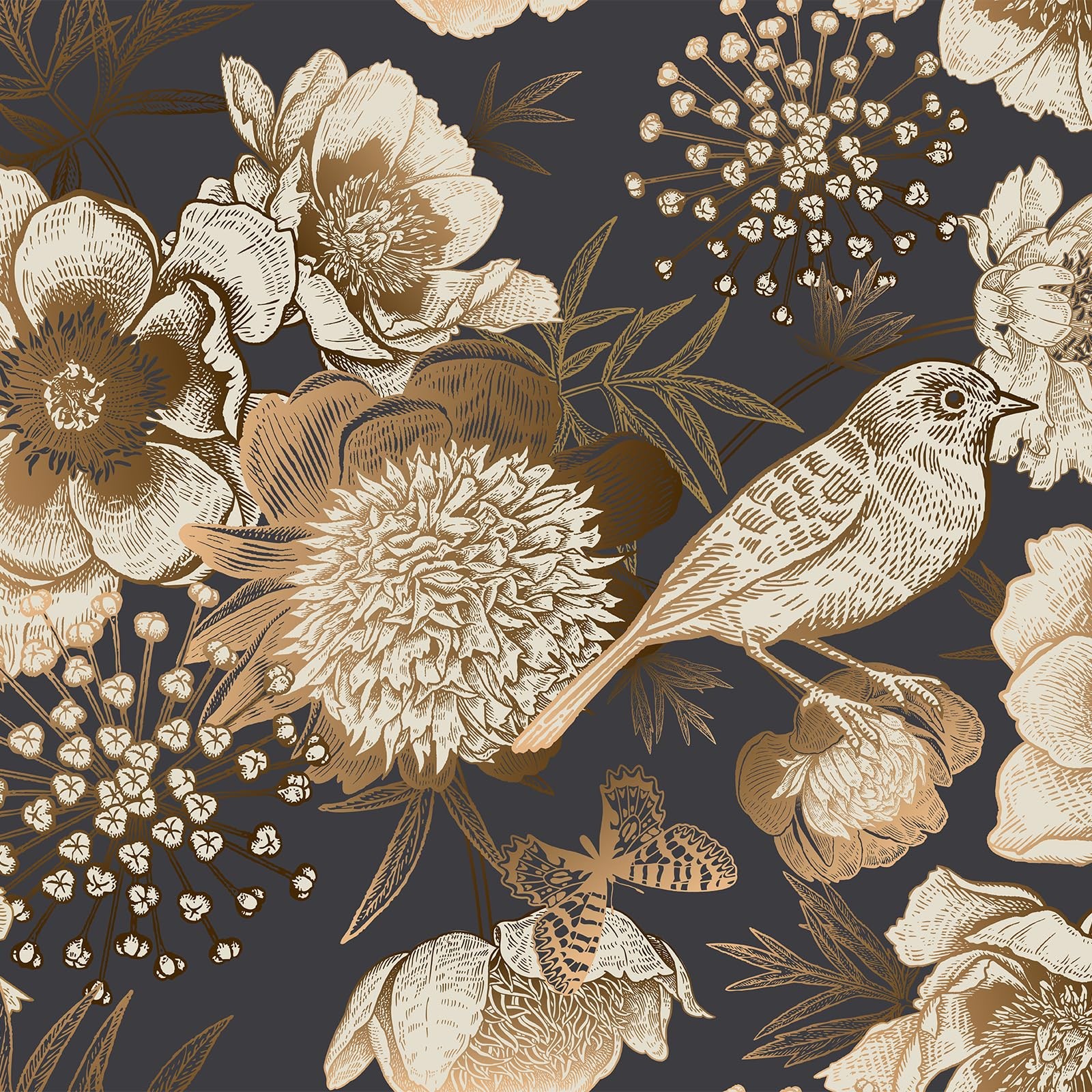 Floral & Birds Peel and Stick Wallpaper Antique 17.7″ x 118.1″, Black/Gold