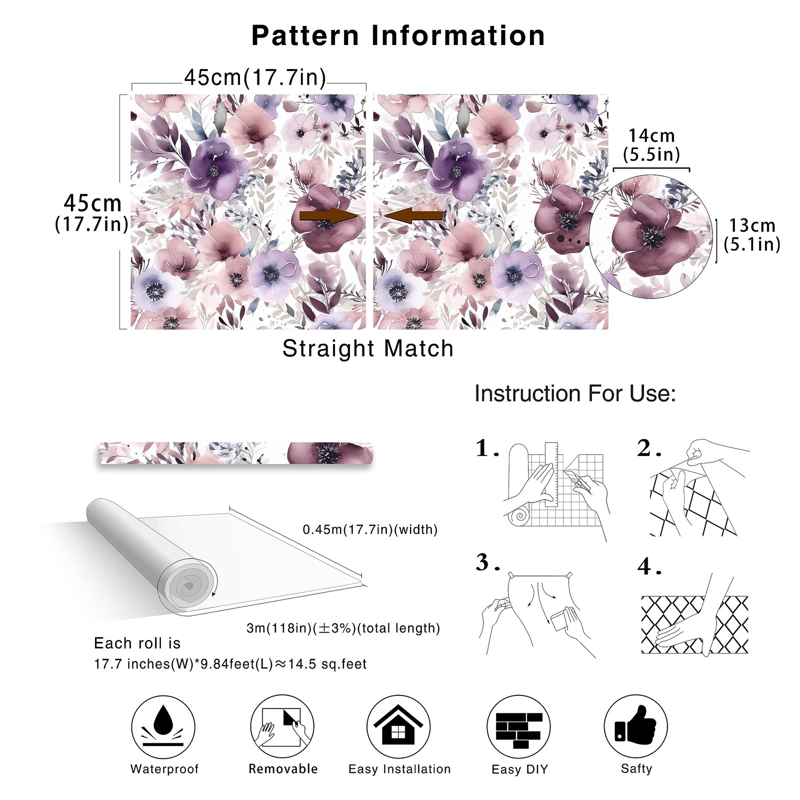 HAOKHOME Floral Peel and Stick S: 17.7in x 9.8ft, Mauve/Purple/White
