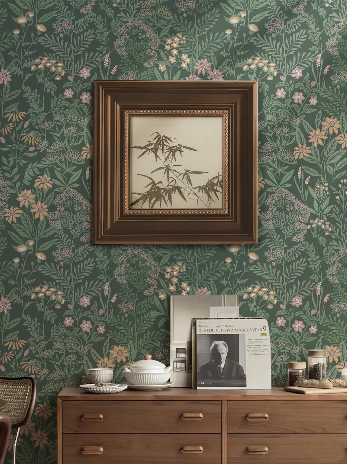 Safiyya Green Floral Peel and Stick Wallpaper Boho 17.3″ x 78.7″, Dark