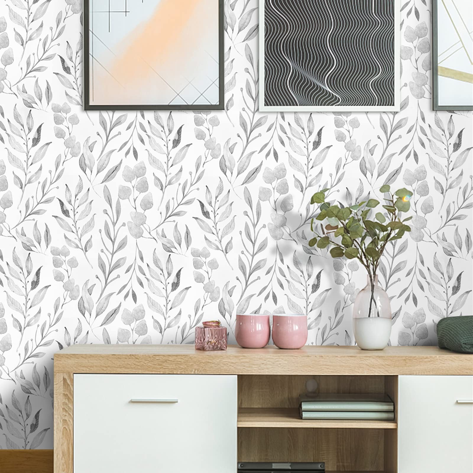WENMER Gray Leaf Wallpaper Floral Peel and Stick 17.7″ x 118″,