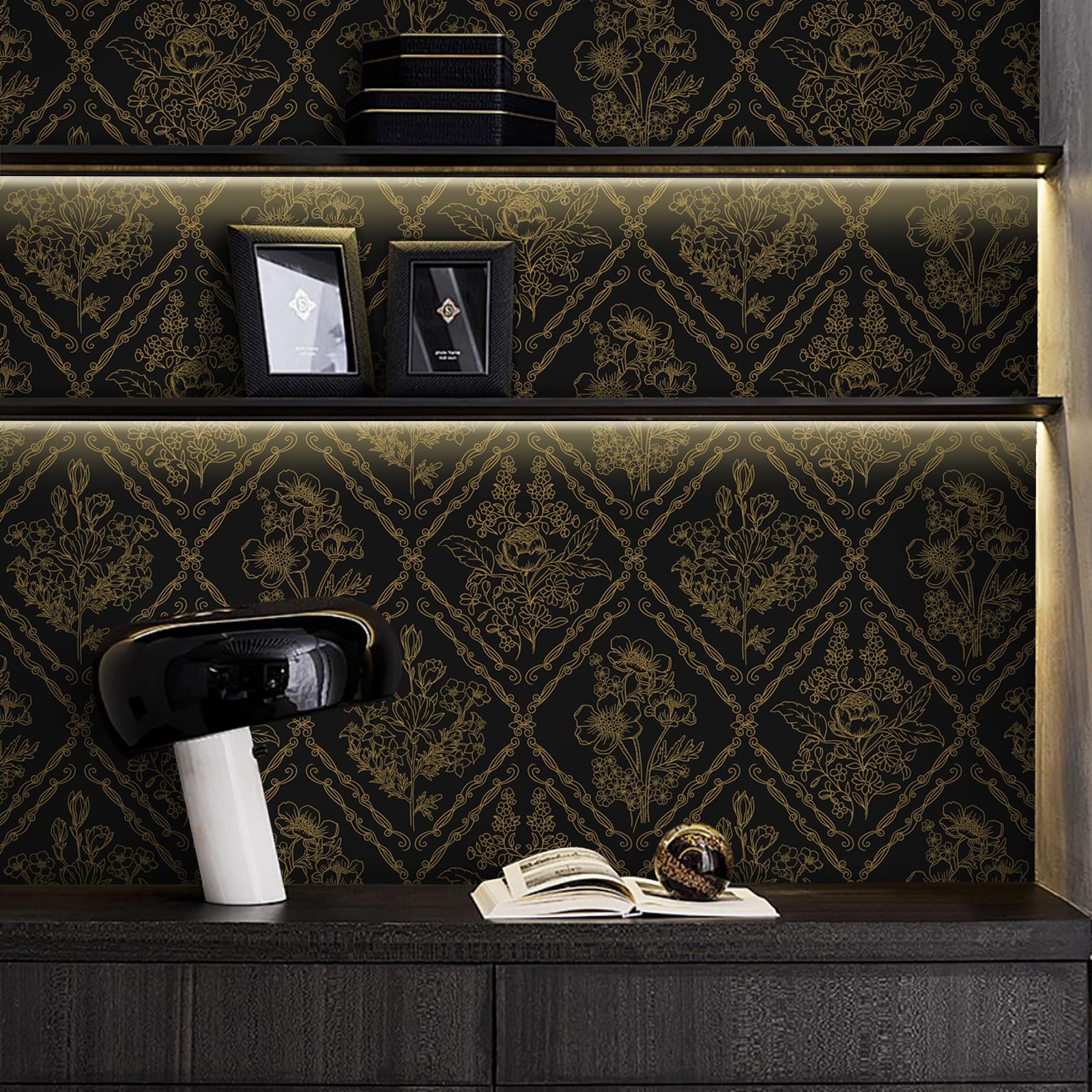 Toduso Peel and Stick Wallpaper Vintage Wall 17.3″ x 78.7″, Black Glod