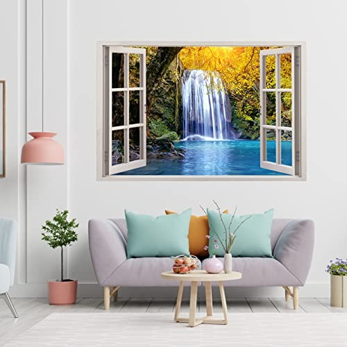 Forest Waterfall Fake Window Wall Stickers, 3D Faux Window Mural, Suitable for
