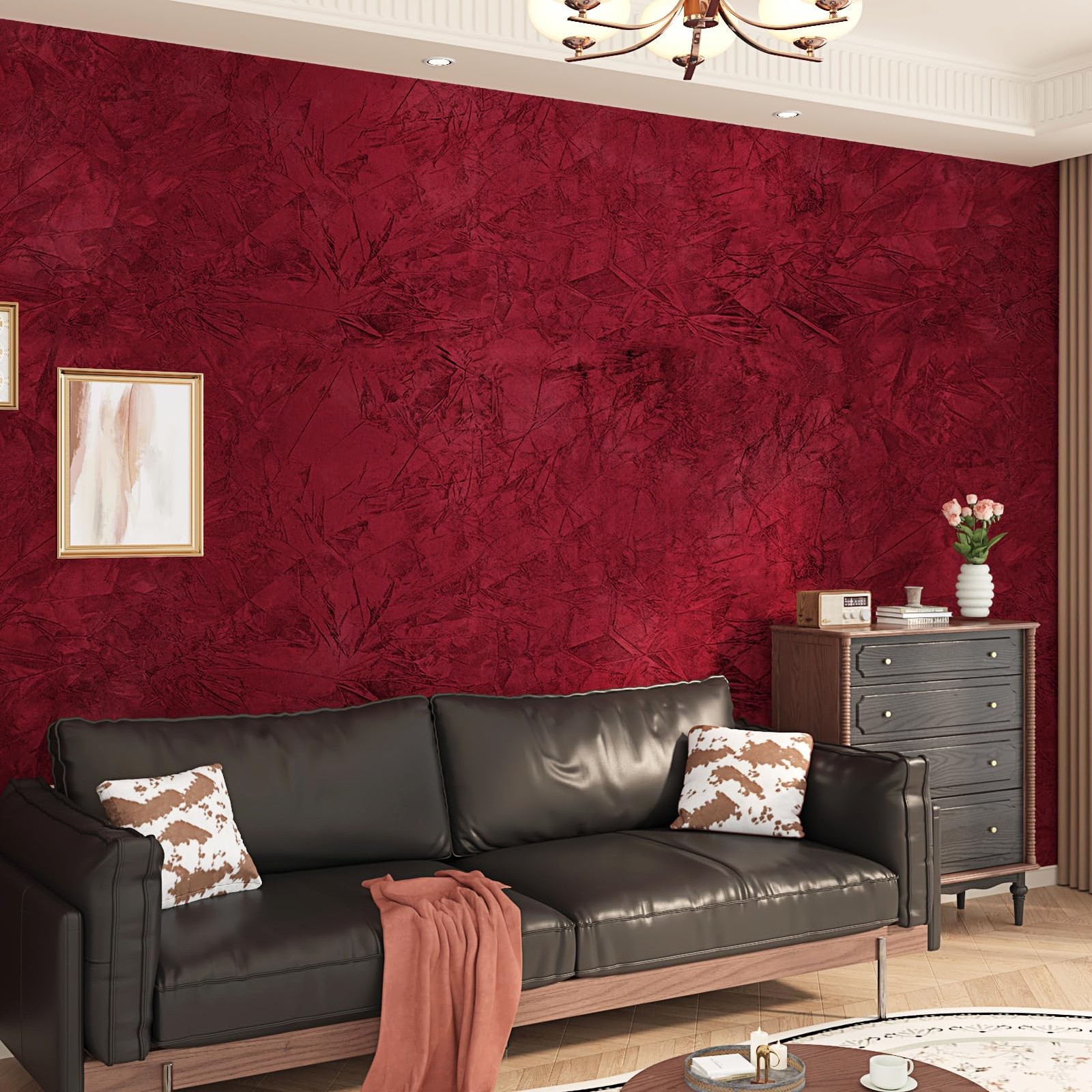 Wallercity Wine-Red Velvet Flocking Liner Self Adhesive 12″ x 78.7″, Deep Red