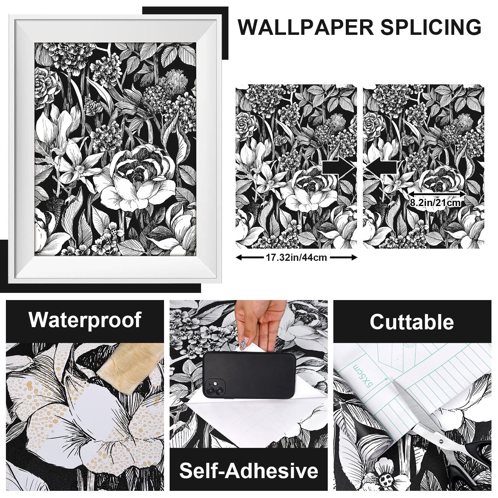 AuraCyzirine Black and White Floral Wallpaper A Set of 17.3″ x 200″,