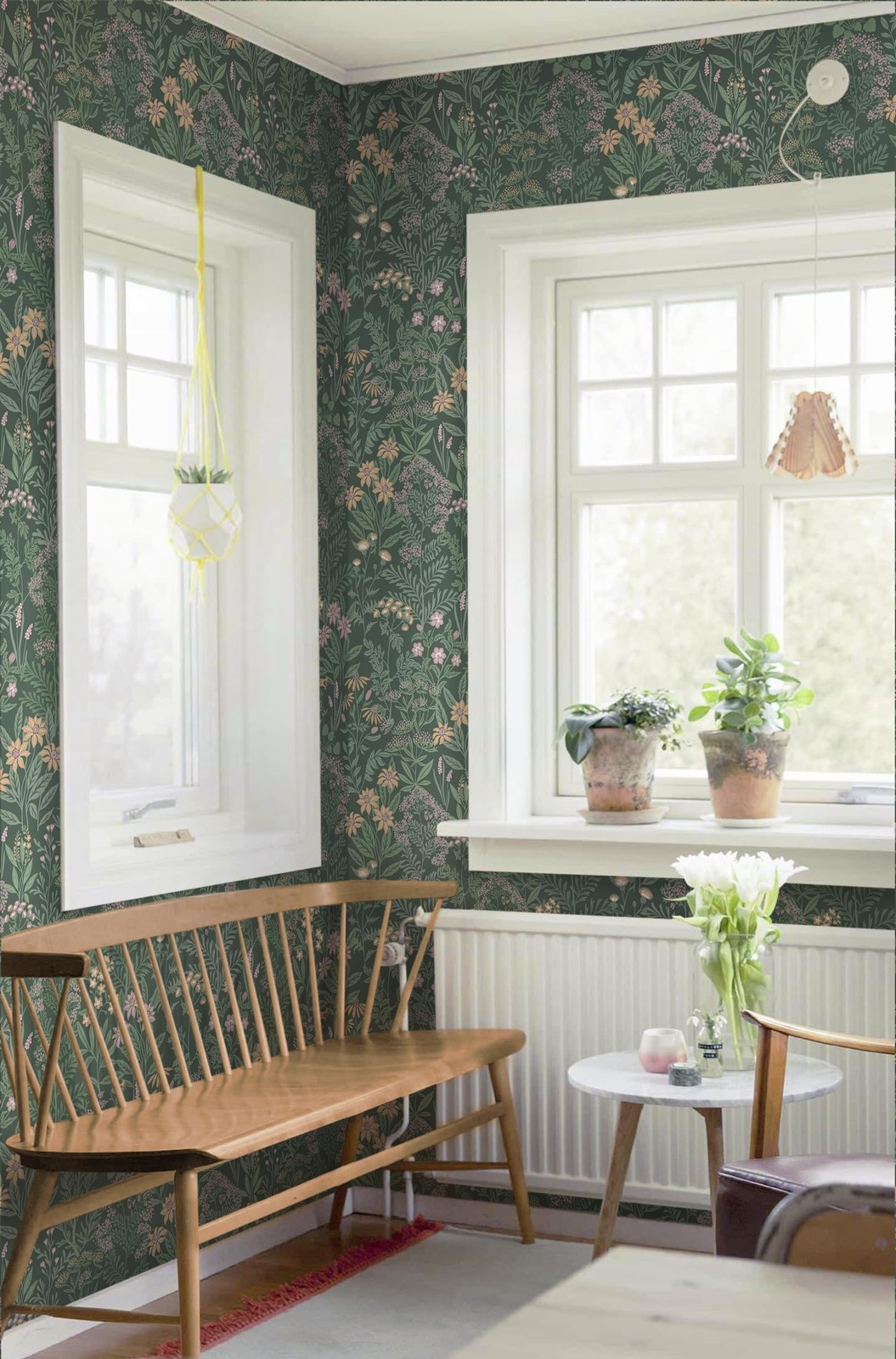 Safiyya Green Floral Peel and Stick Wallpaper Boho 17.3″ x 78.7″, Dark