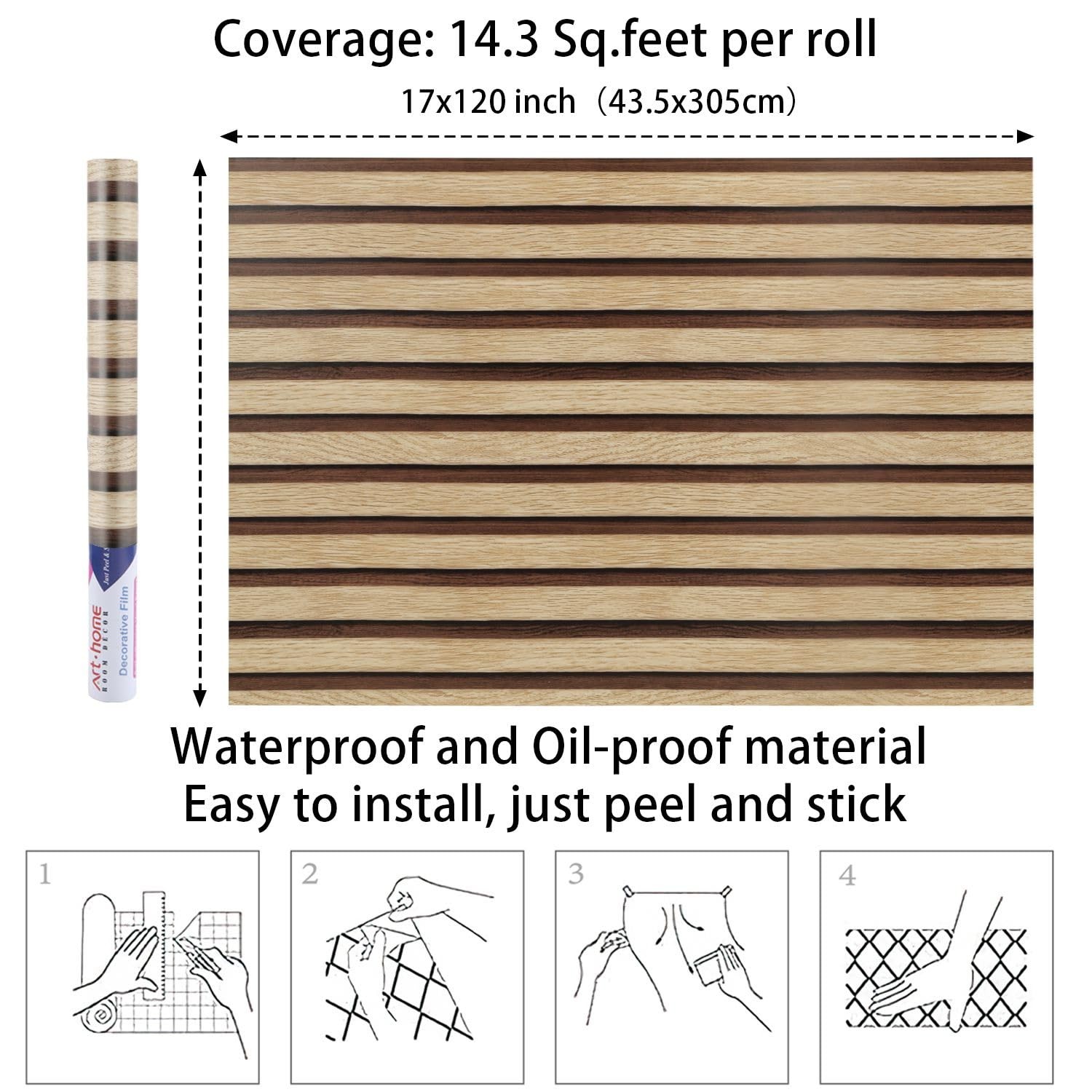 Arthome 17»x120» Wood Slat Wallpaper Peel and Stick 17″ x 120″, Tea Elm