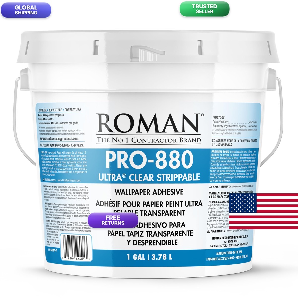 Roman PRO-880 Wallpaper Adhesive Paste Ultra Clear Strippable 1 Gallon 330 sq ft