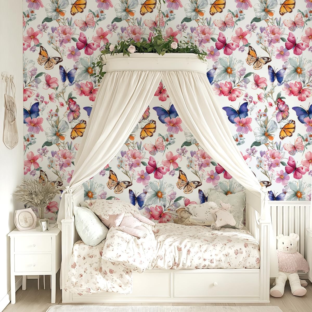 Willowix Floral Peel and Stick Wallpaper Butterfly 17″ x 118″, Colourful