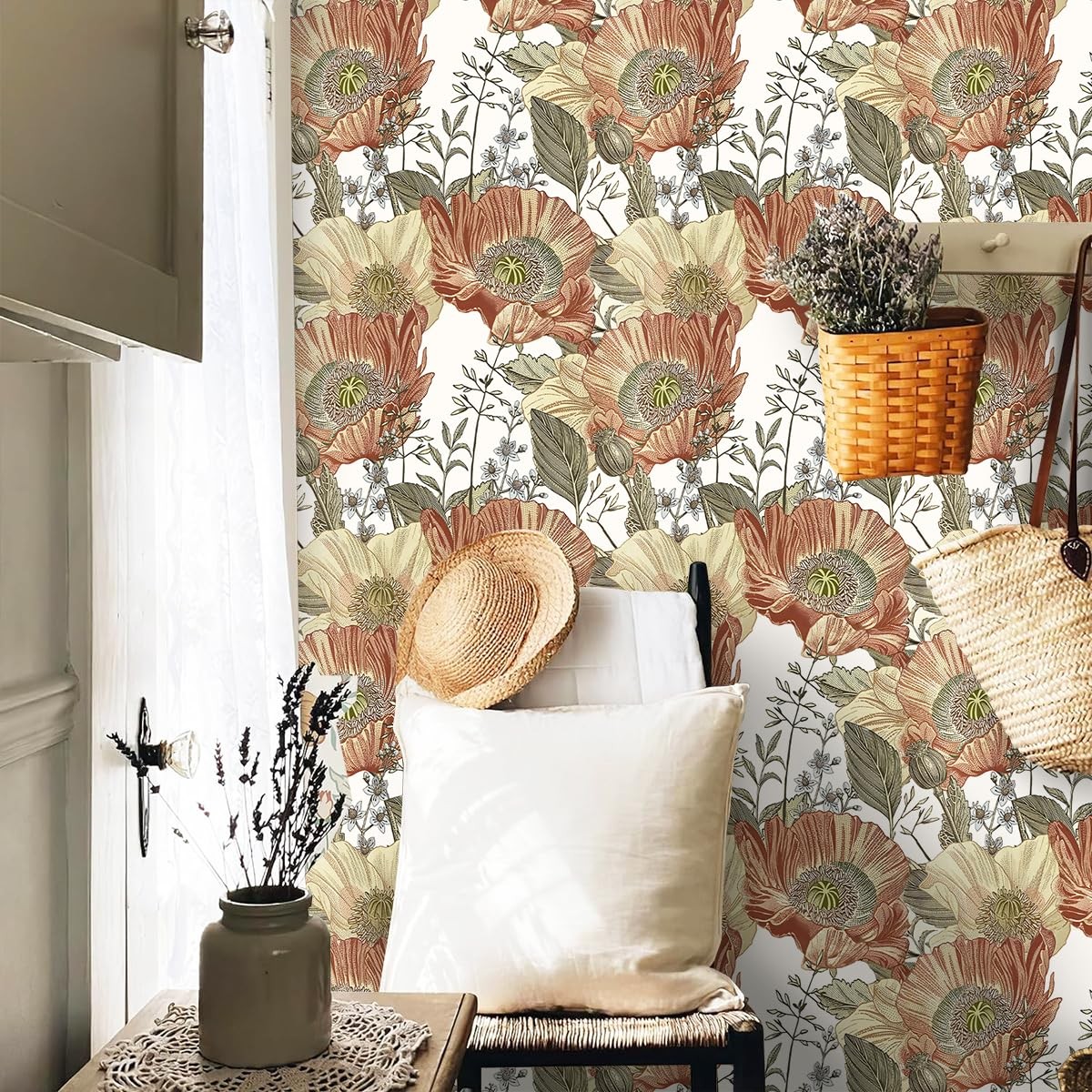Livebor Floral Wallpaper Peel and Stick Boho 17.7″ x 118.1″, Beige/Crimson