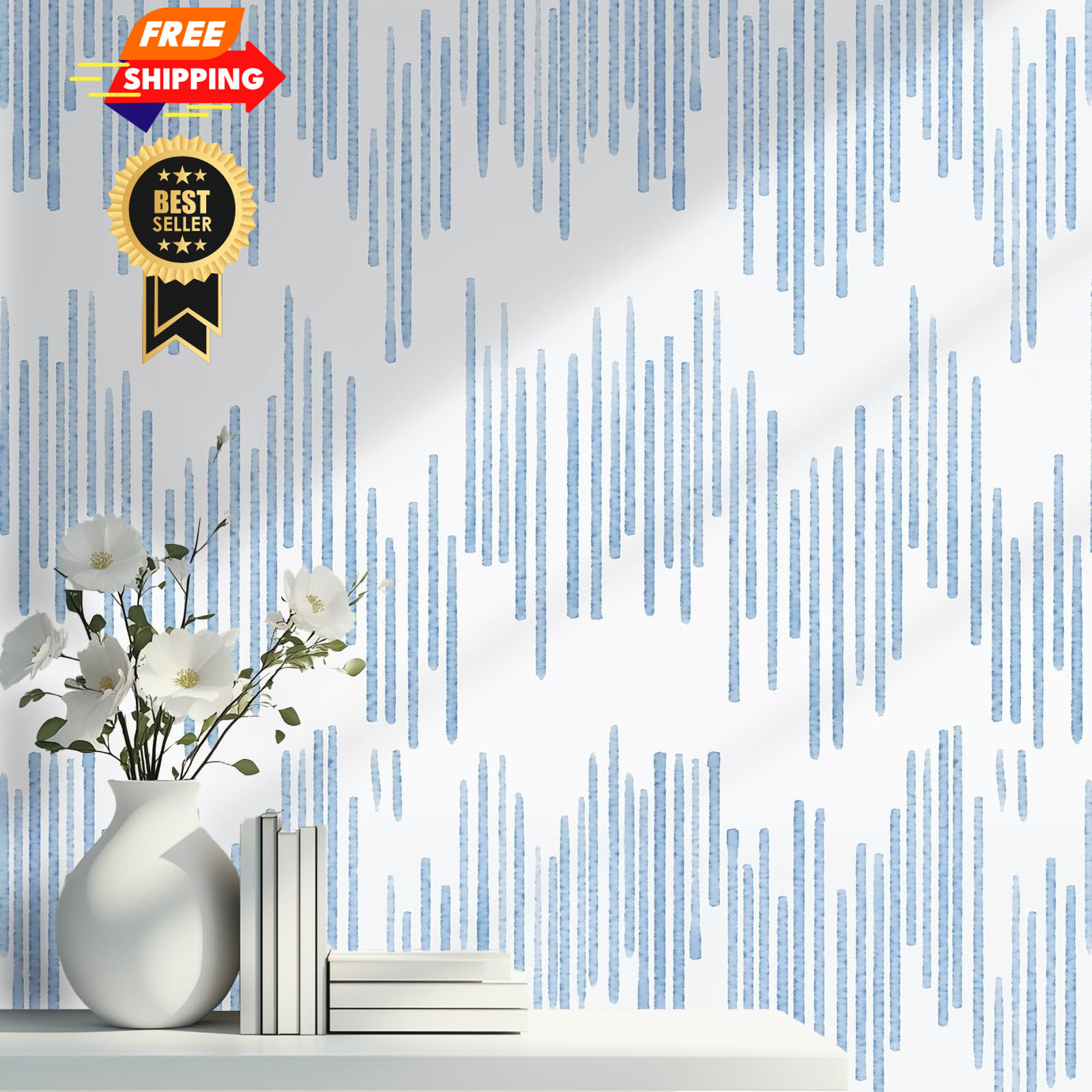 WENMER Blue Striped Wallpaper, Geometric Peel and Stick 17.7″ x 118″,