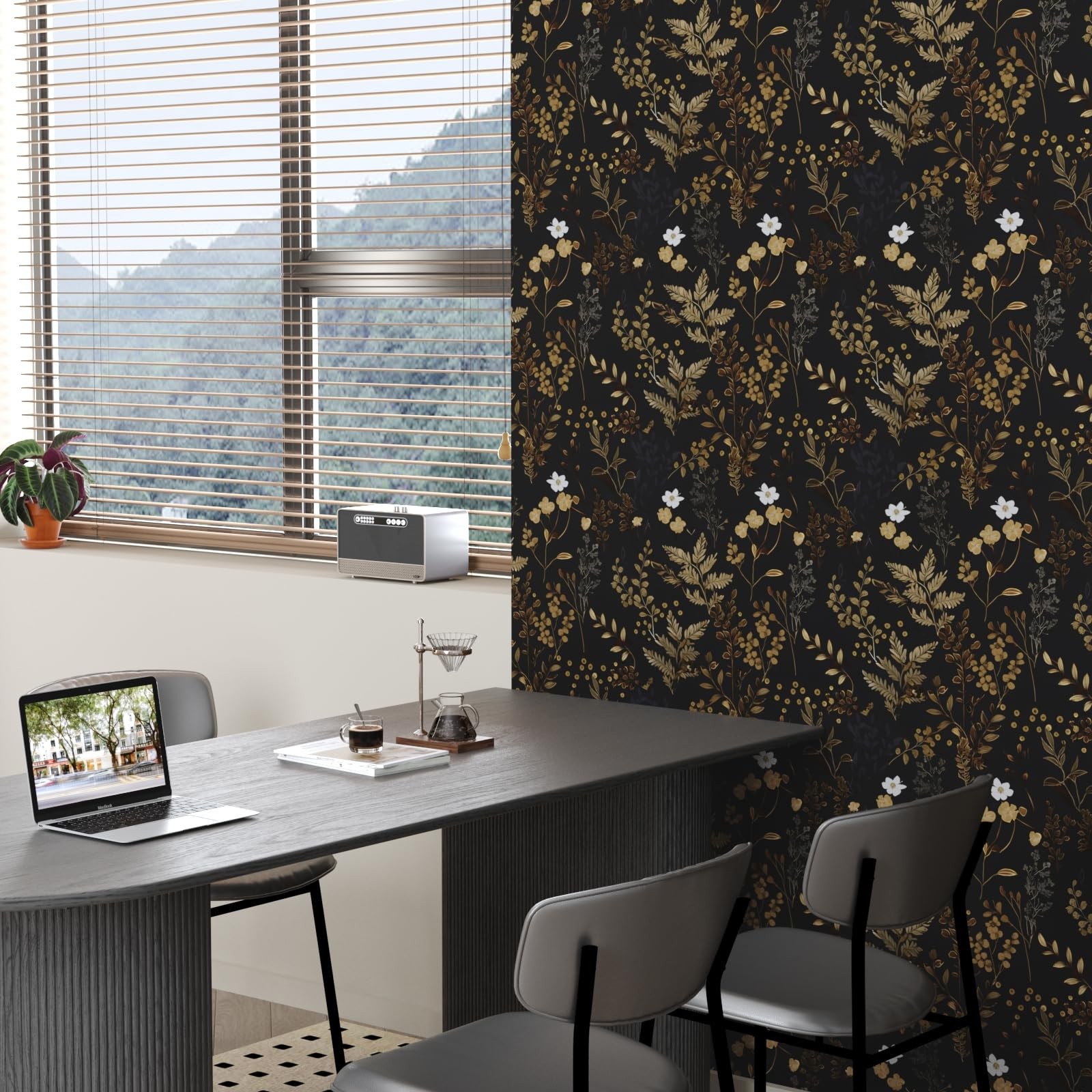 XRUIBZI Black Floral Wallpaper Peel and Stick 17.5″ x 197″,