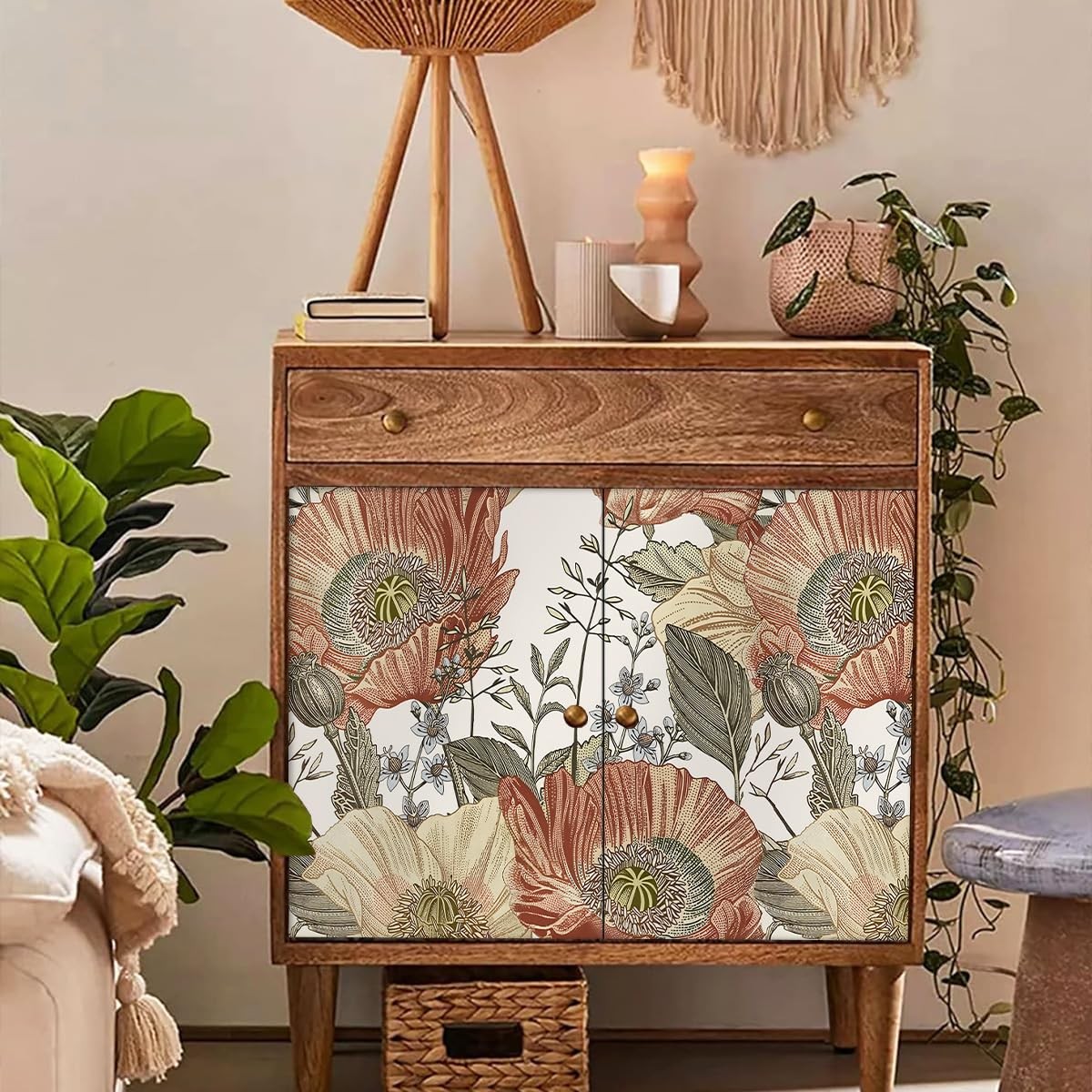 Livebor Floral Wallpaper Peel and Stick Boho 17.7″ x 118.1″, Beige/Crimson
