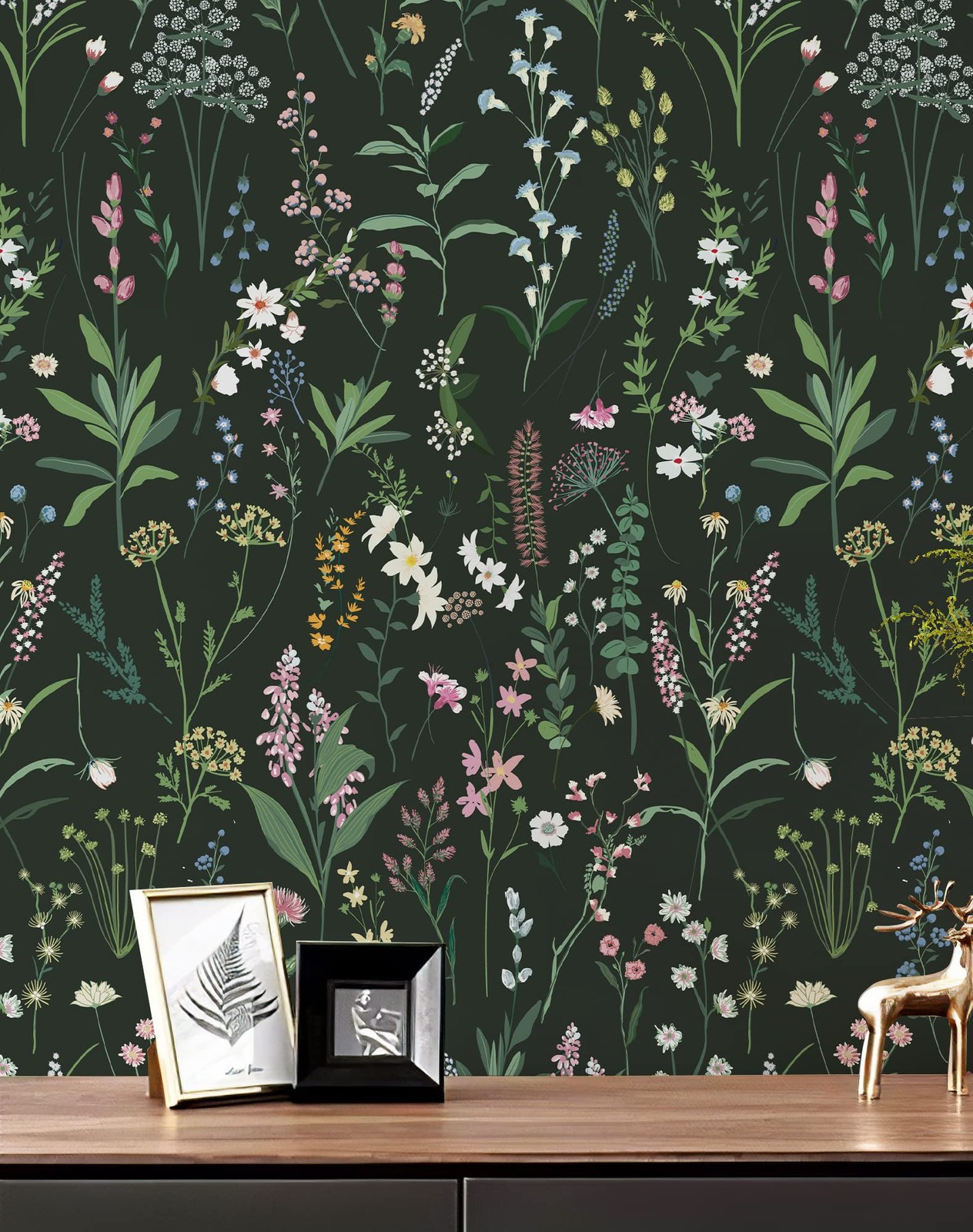 JiffDiff Floral Wallpaper Peel and Stick 17.3″x118″ 17.3″ x 118″, Dark Green
