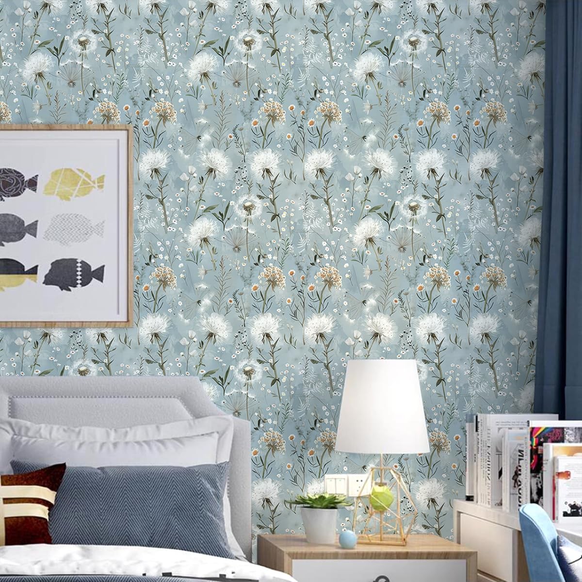 lenify Floral Peel and Stick Wallpaper Blue 16.9″ x 118.1″, Dandelion