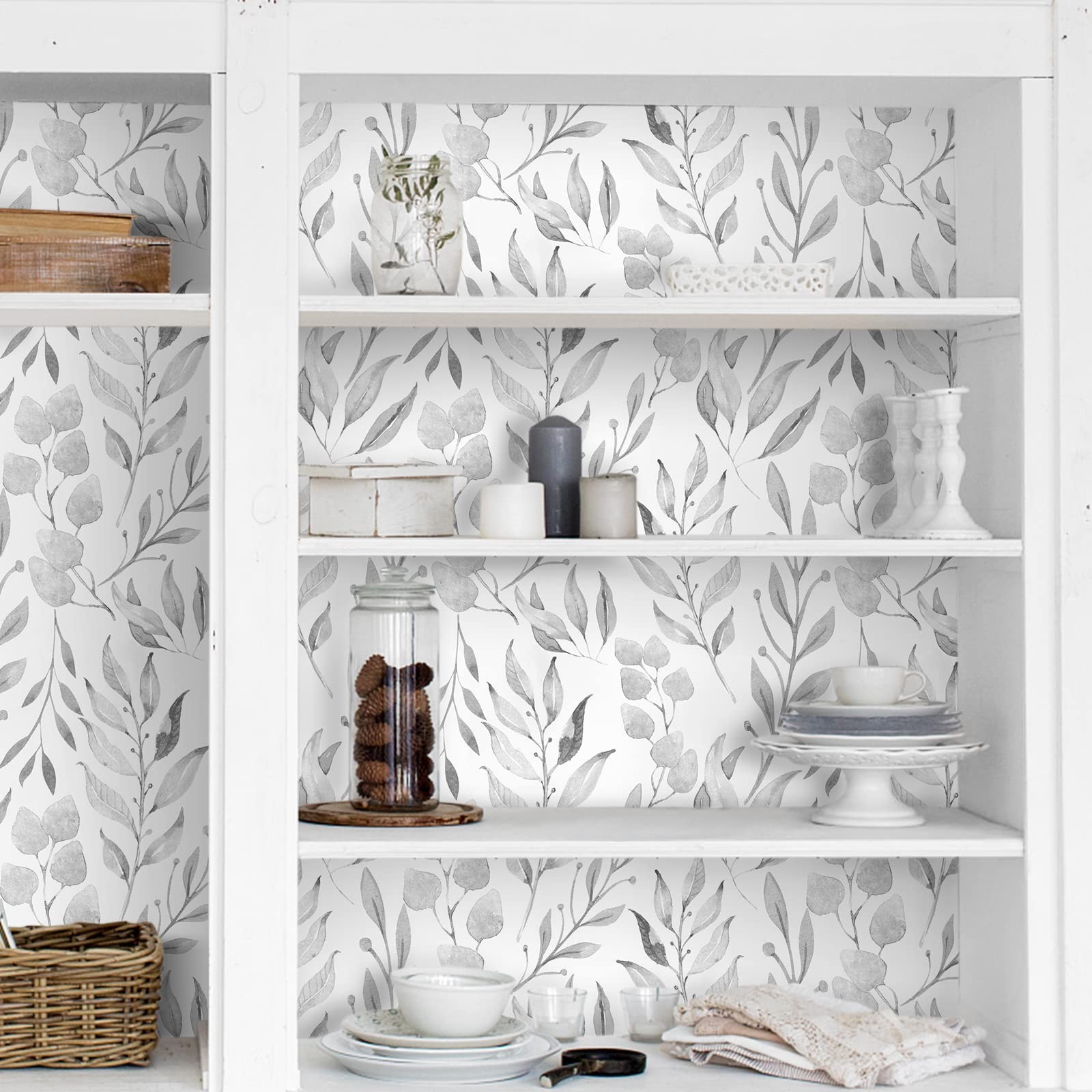 WENMER Gray Leaf Wallpaper Floral Peel and Stick 17.7″ x 118″,