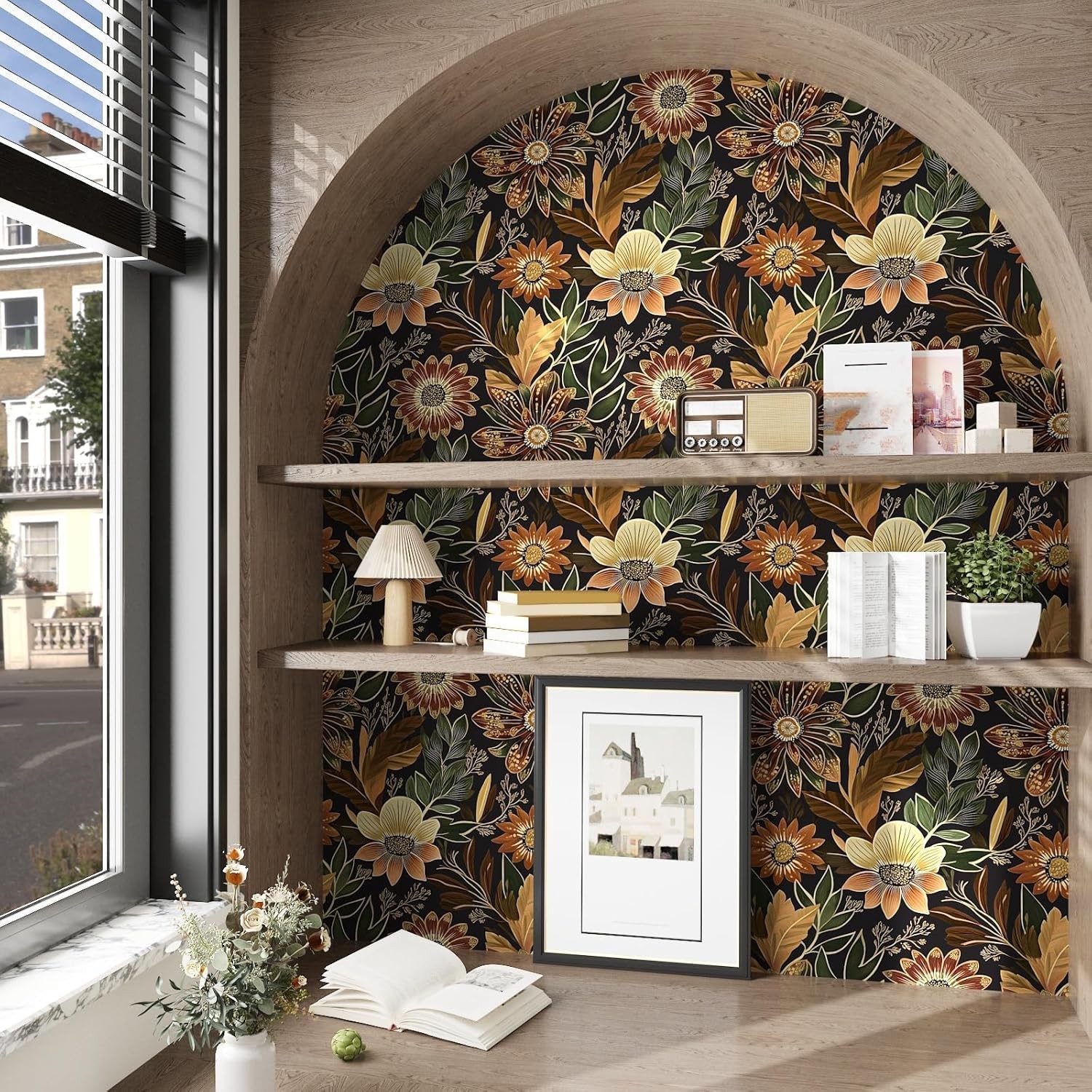 Laatse Boho Black Gold Floral Vintage Peel and 17.4″ x 118″, Black/Brown
