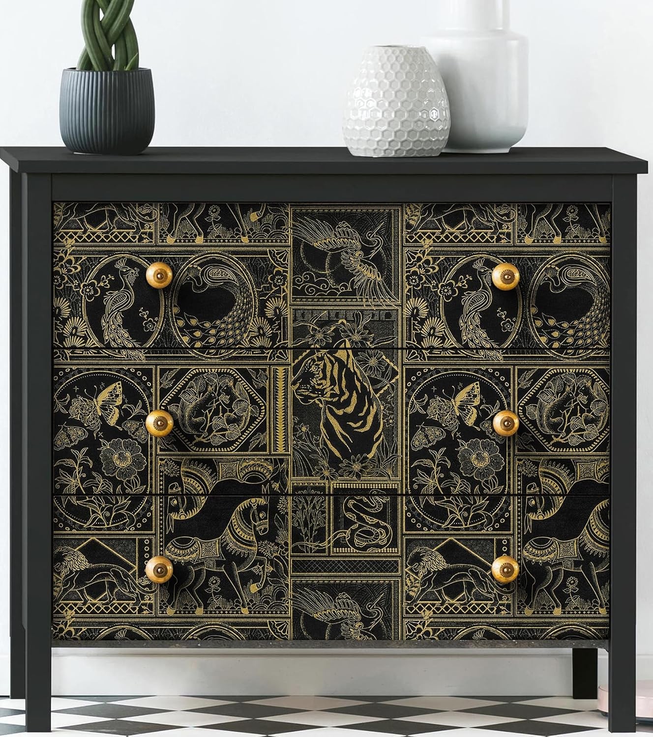 Erfoni Black and Gold Wallpaper Vintage Peel 17.7″ x 78.7″,