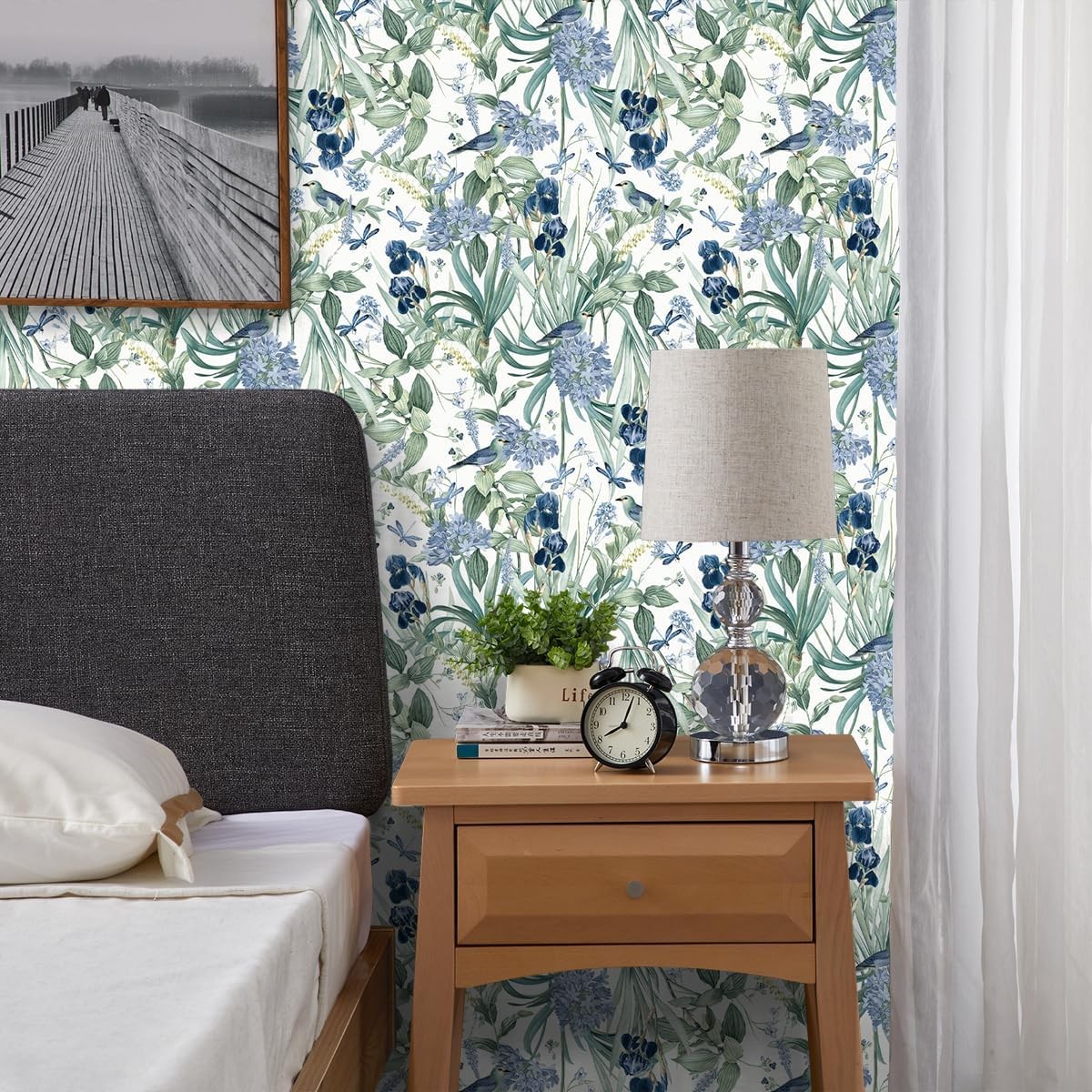 Floral Wallpaper Peel and Stick Blue Flower Contact 16.9″ x 118.1″, Floral-1