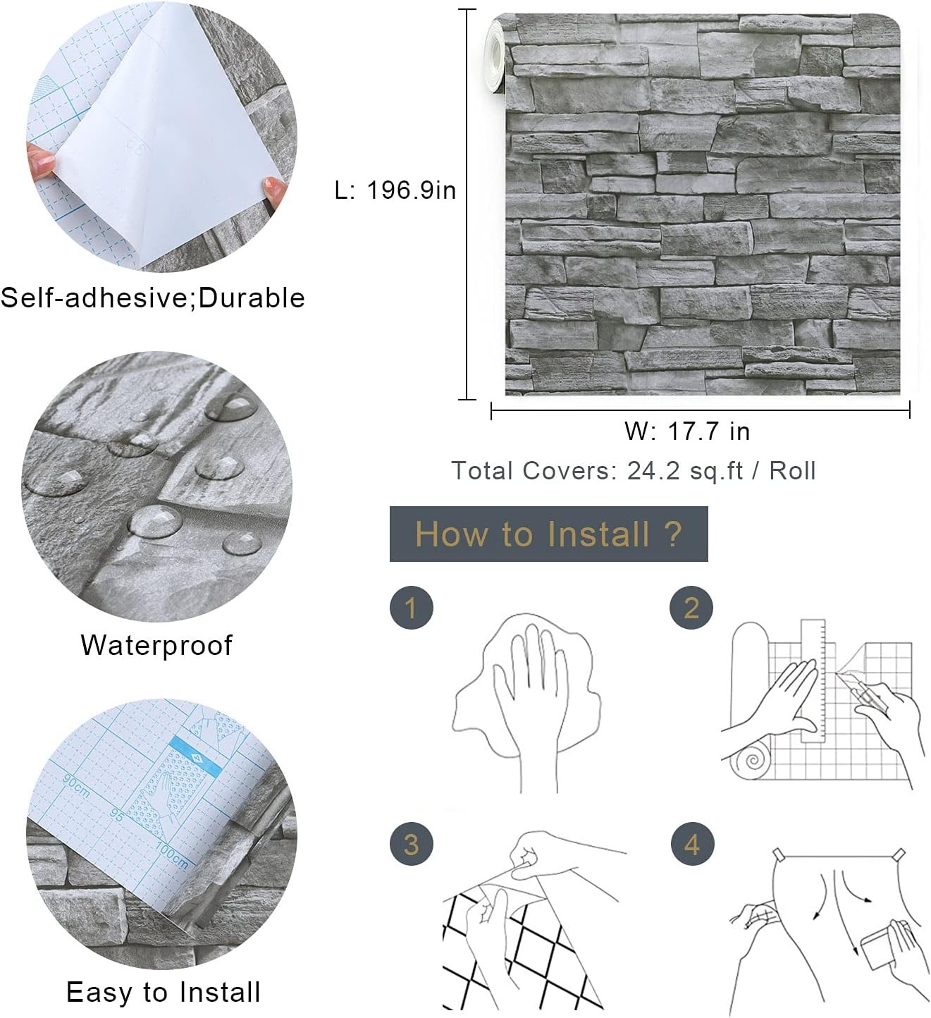 Timeet 3D Brick Stone Wallpaper Peel and Stick 17.7 x 196.9, Gray