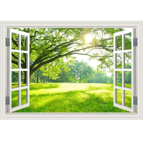 Fake Window Wall Mural Green Forest Tree Wall Art Poster 24″ x 16″ Green Trees