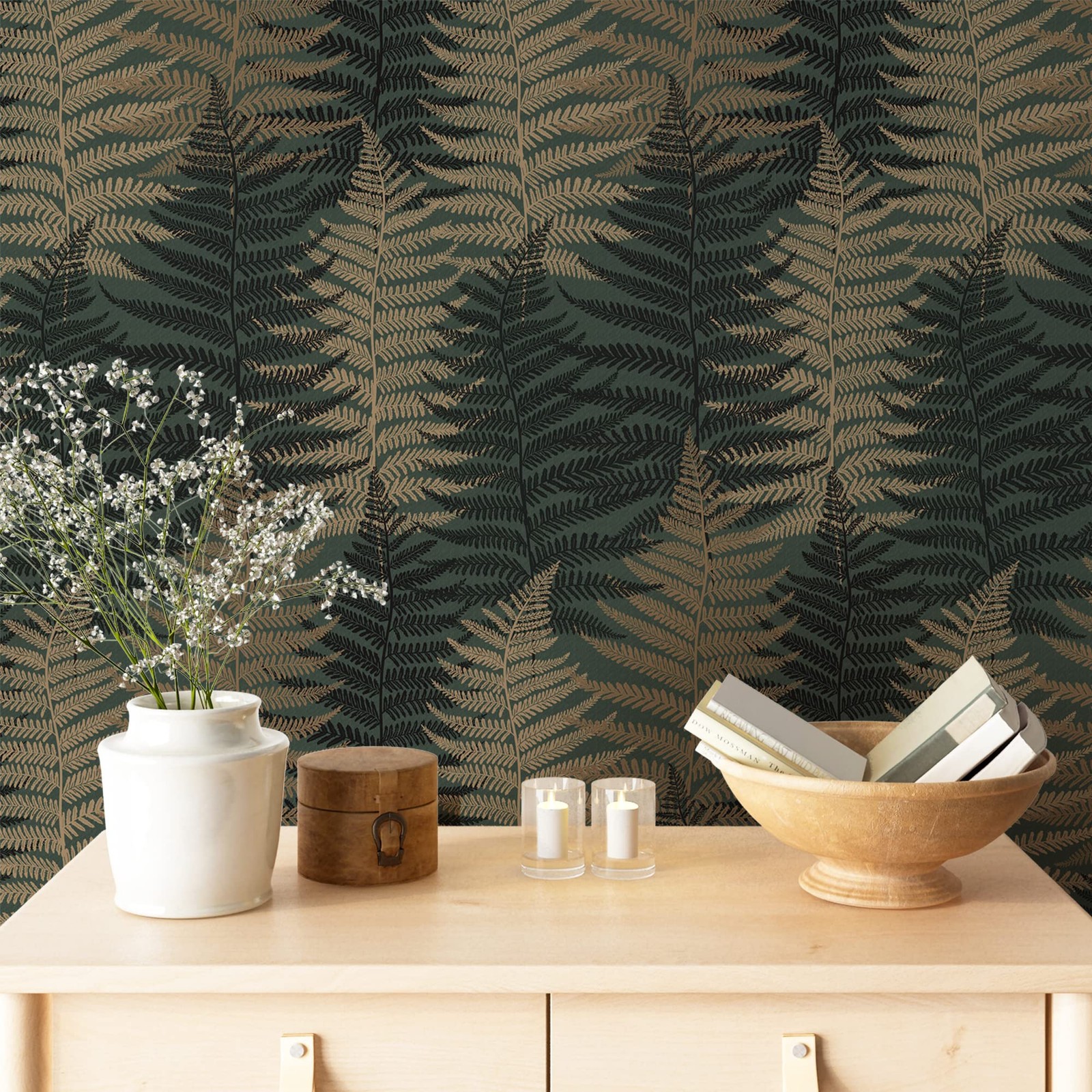 JiffDiff Botanical Fern Wallpaper Green Moody Peel 17.7″ x 118″, Dark