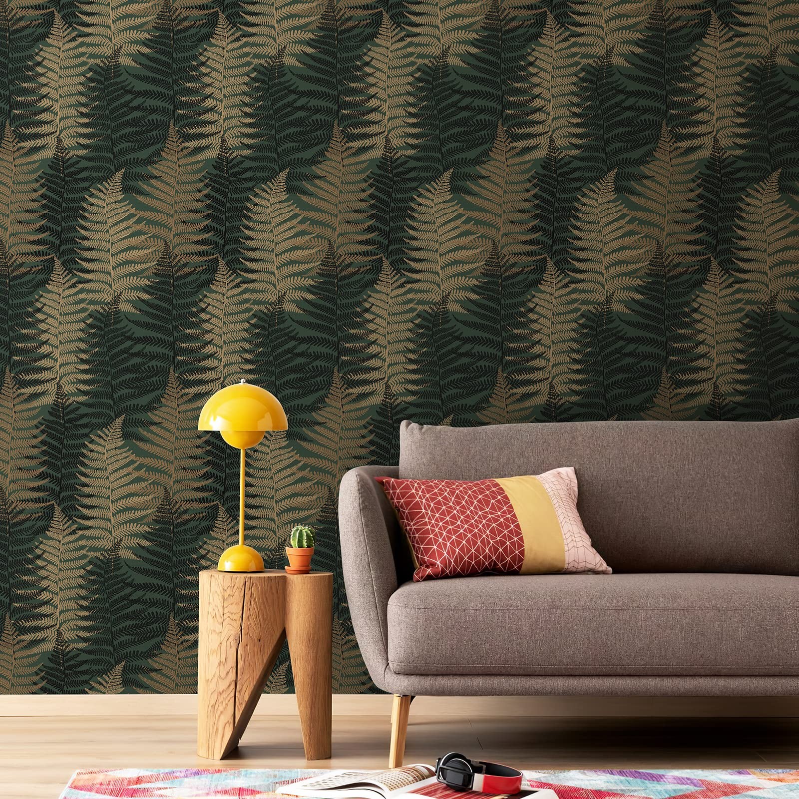 JiffDiff Botanical Fern Wallpaper Green Moody Peel 17.7″ x 118″, Dark